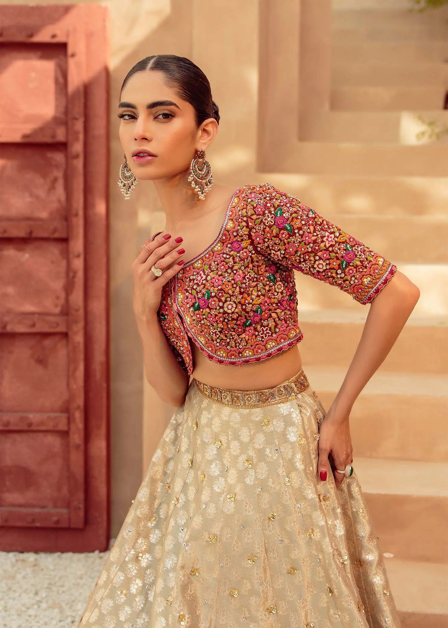 Pakistani Ivory and Red Embroidered Brocade Bridal Lehenga (3-Piece) - Image 4