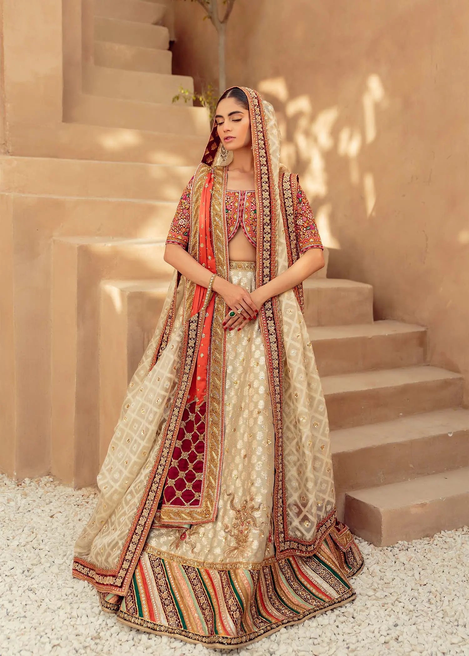 Pakistani Ivory and Red Embroidered Brocade Bridal Lehenga (3-Piece) - Image 5