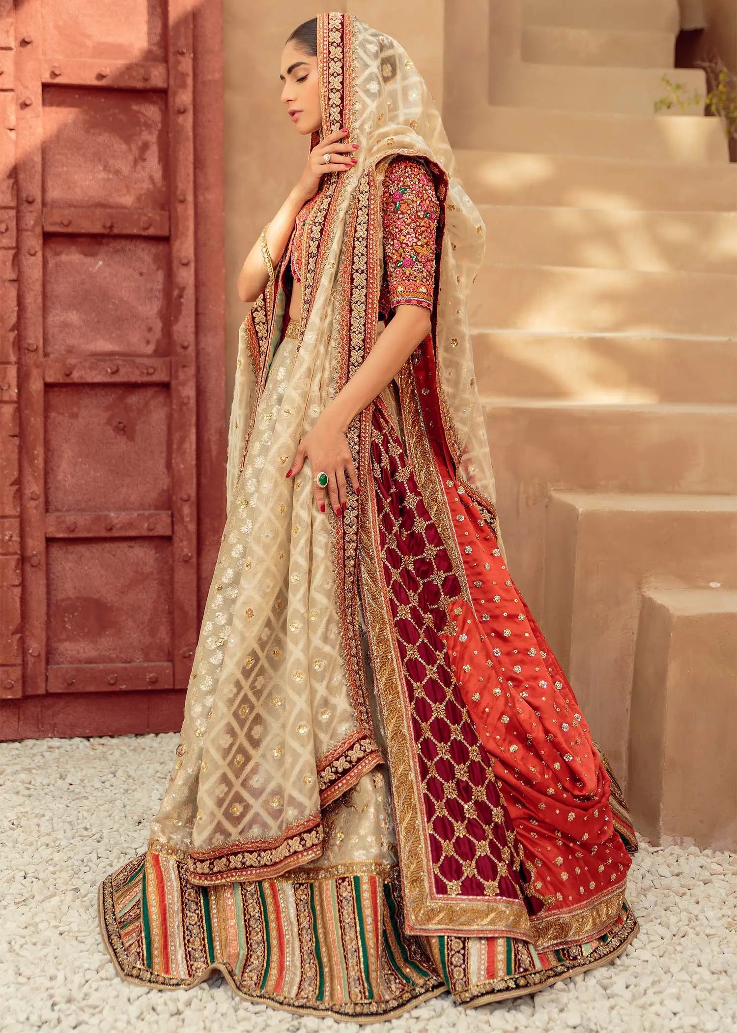 Pakistani Ivory and Red Embroidered Brocade Bridal Lehenga (3-Piece) - Image 6