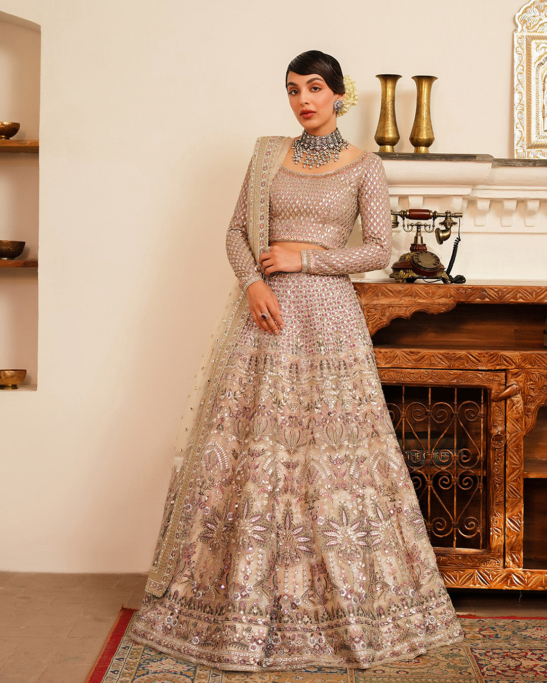 Pakistani Ivory & Tea Pink Embroidered Chiffon Lehenga (3-Piece) - Image 1