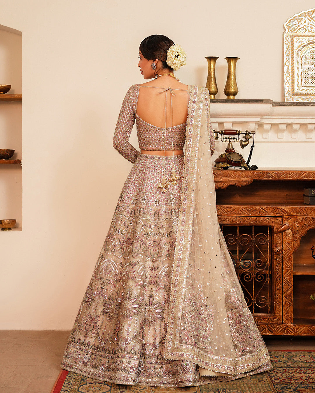 Pakistani Ivory & Tea Pink Embroidered Chiffon Lehenga (3-Piece) - Image 3