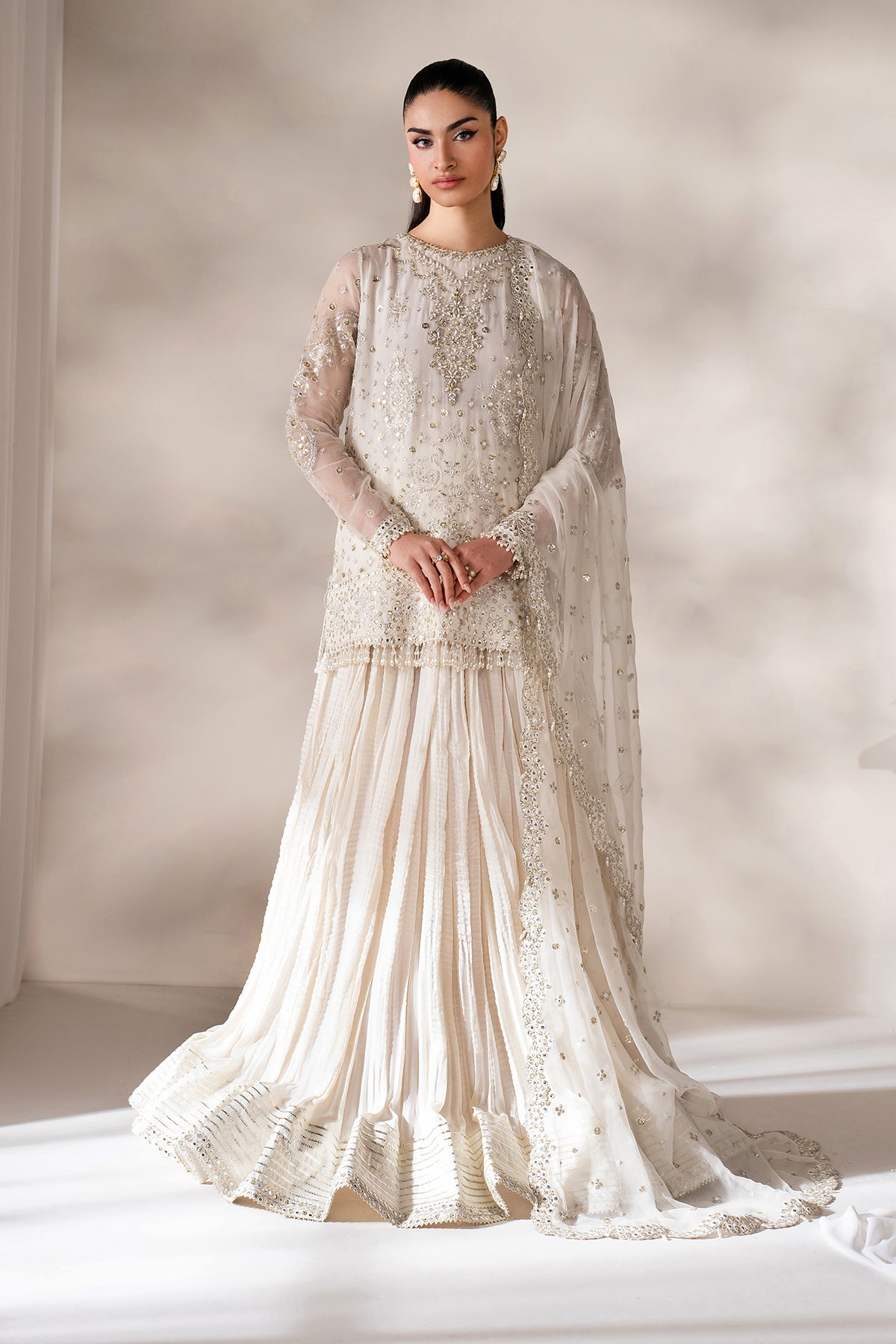 Pakistani Ivory Embroidered Chiffon & Silk Lehenga (3-Piece) - Image 1