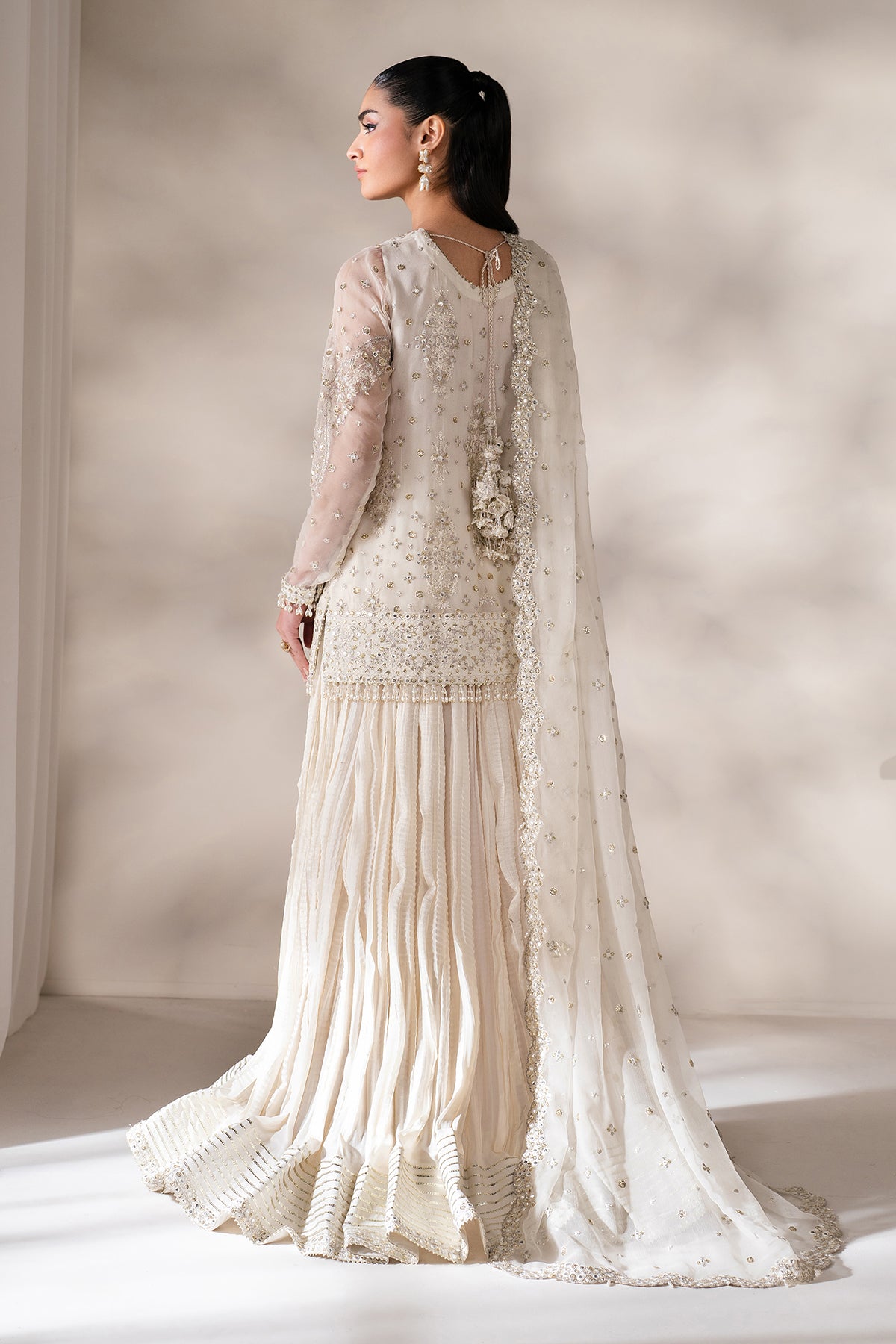 Pakistani Ivory Embroidered Chiffon & Silk Lehenga (3-Piece) - Image 2