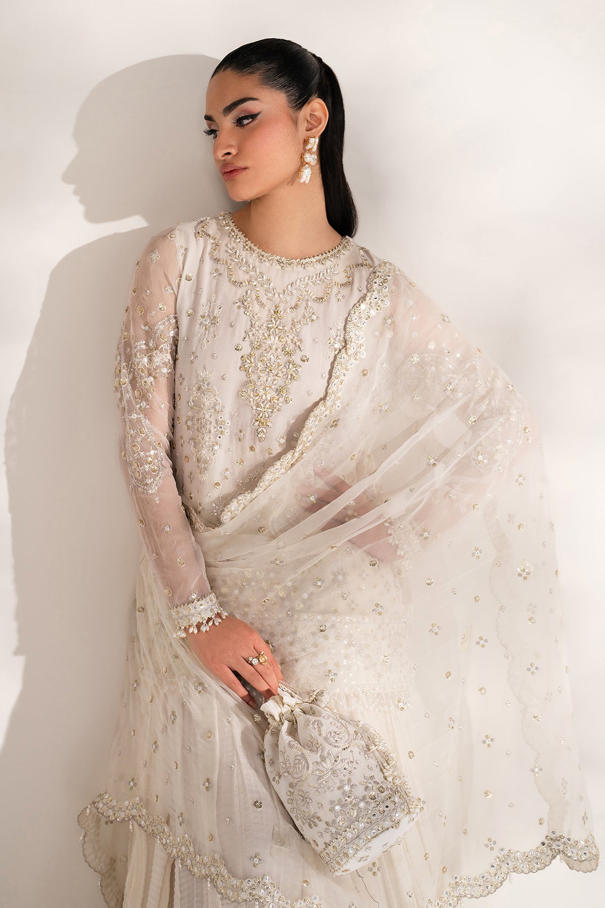 Pakistani Ivory Embroidered Chiffon & Silk Lehenga (3-Piece) - Image 3
