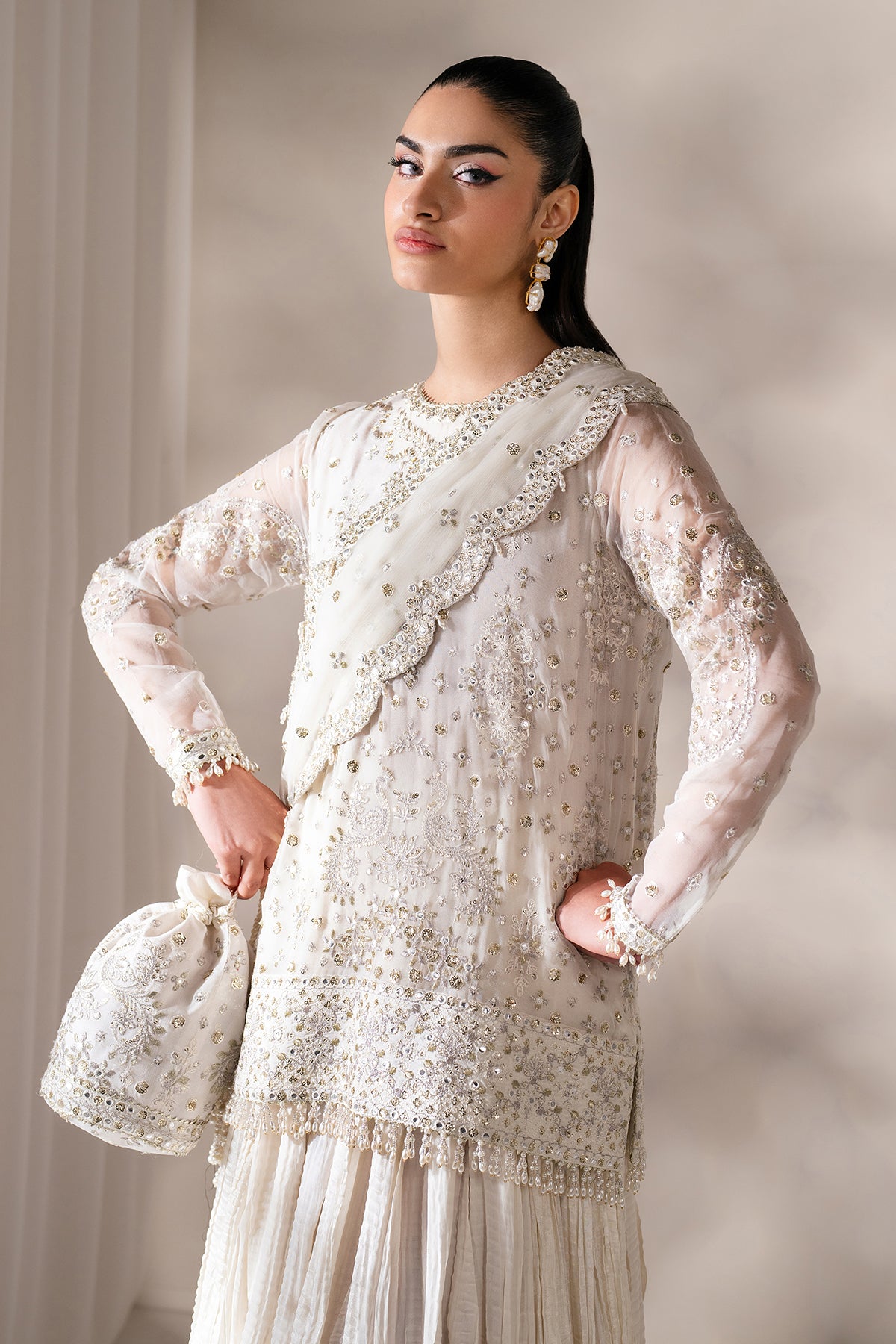 Pakistani Ivory Embroidered Chiffon & Silk Lehenga (3-Piece) - Image 4