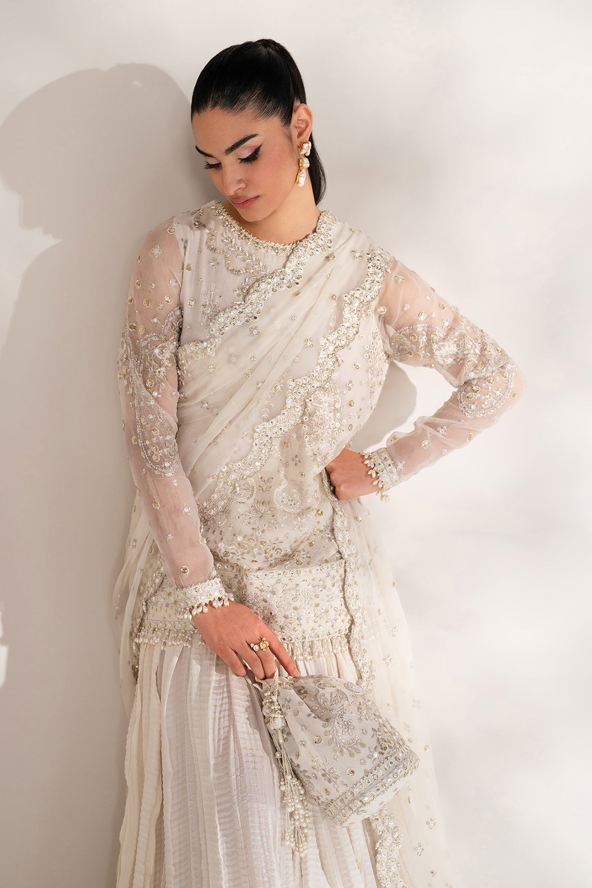 Pakistani Ivory Embroidered Chiffon & Silk Lehenga (3-Piece) - Image 5