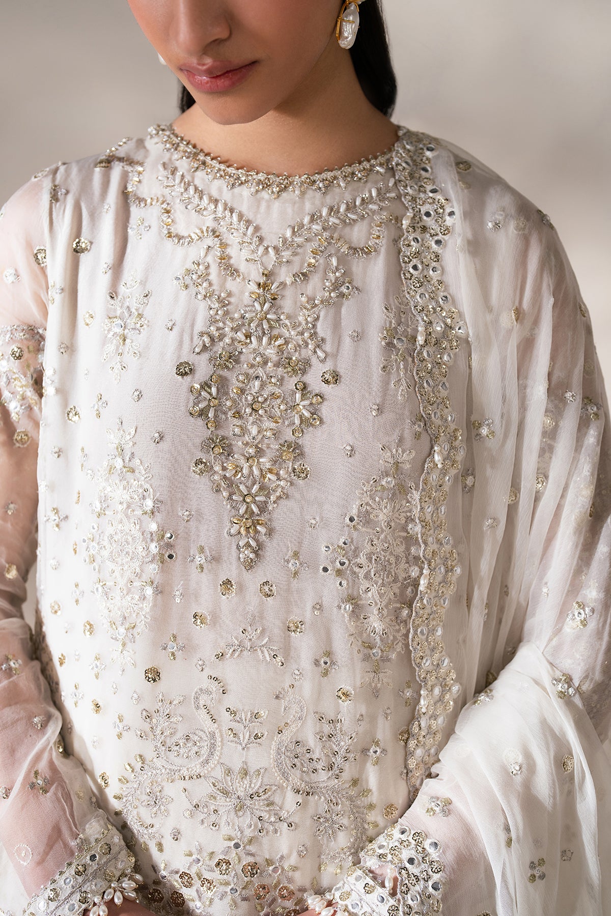 Pakistani Ivory Embroidered Chiffon & Silk Lehenga (3-Piece) - Image 6
