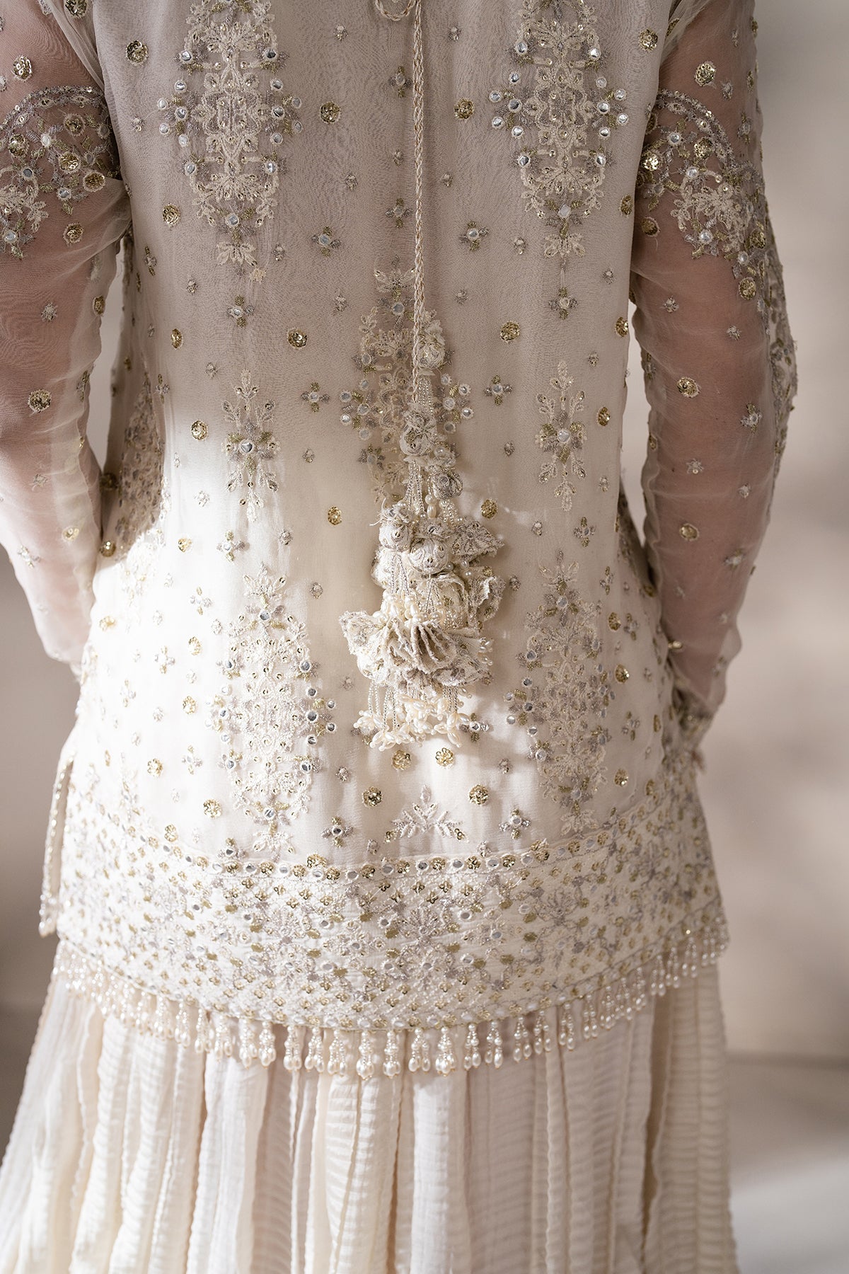 Pakistani Ivory Embroidered Chiffon & Silk Lehenga (3-Piece) - Image 7