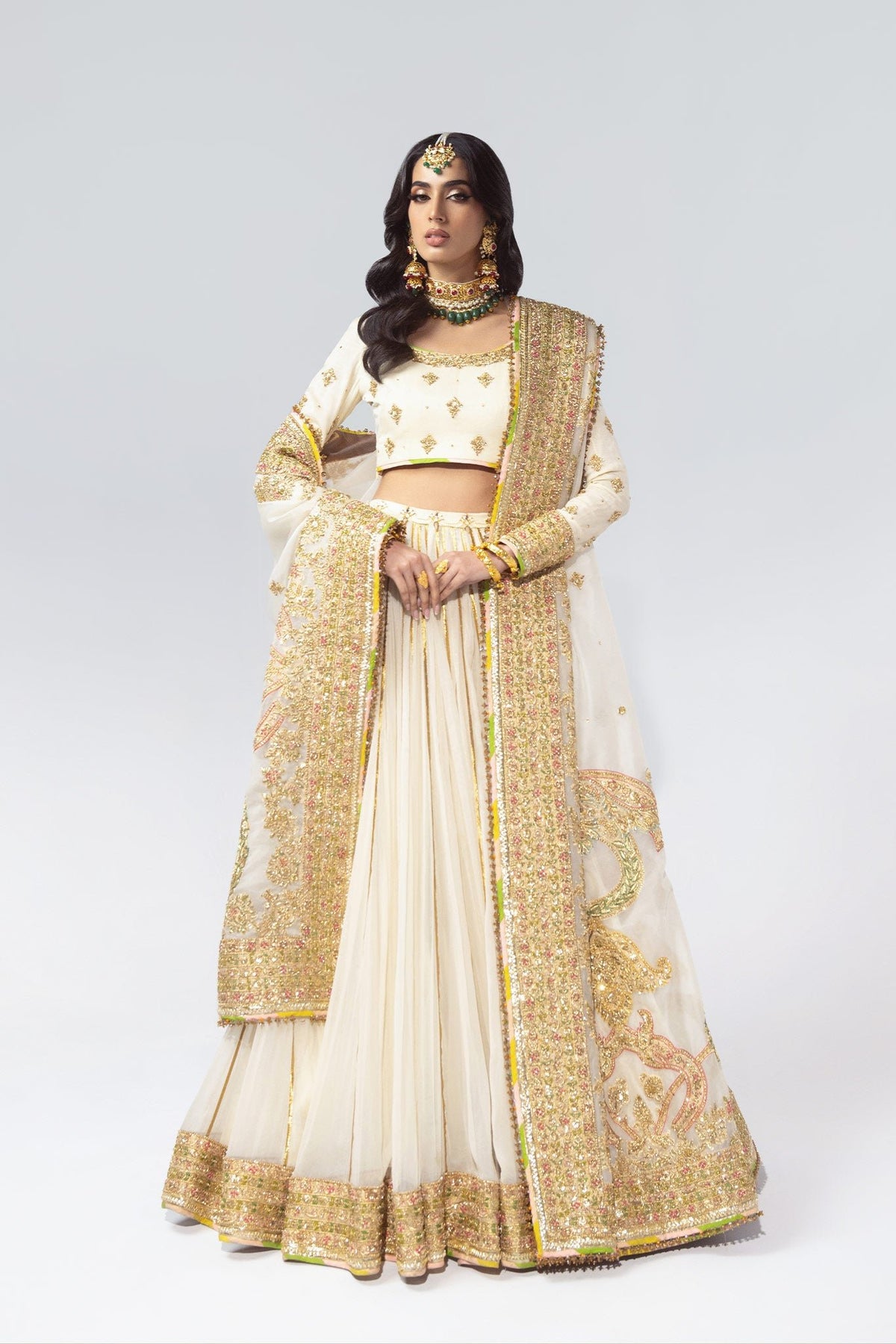 Pakistani Ivory Zardozi Pure Chiffon & Jacquard Lehenga (3-Piece) - Image 1