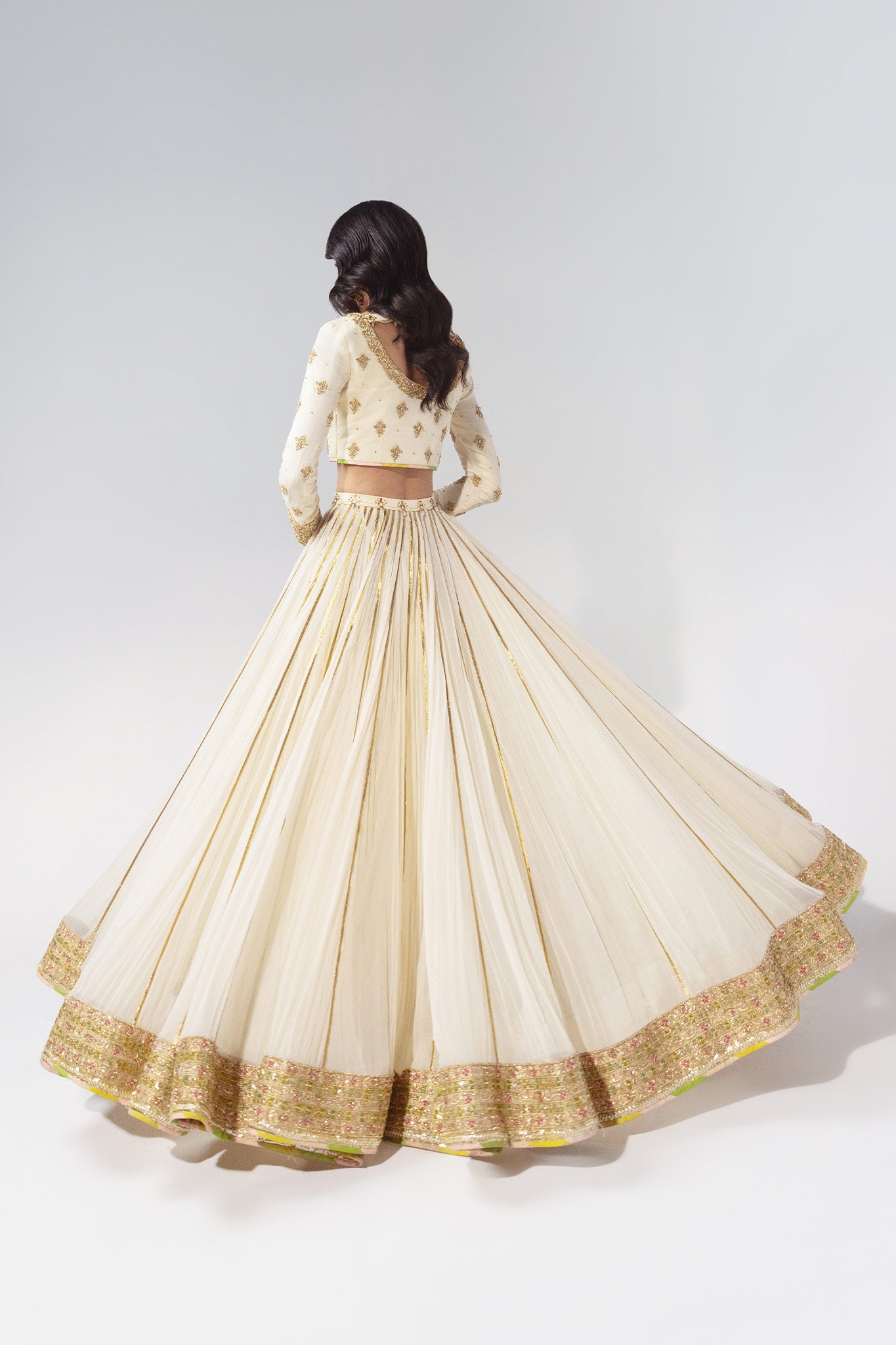 Pakistani Ivory Zardozi Pure Chiffon & Jacquard Lehenga (3-Piece) - Image 7