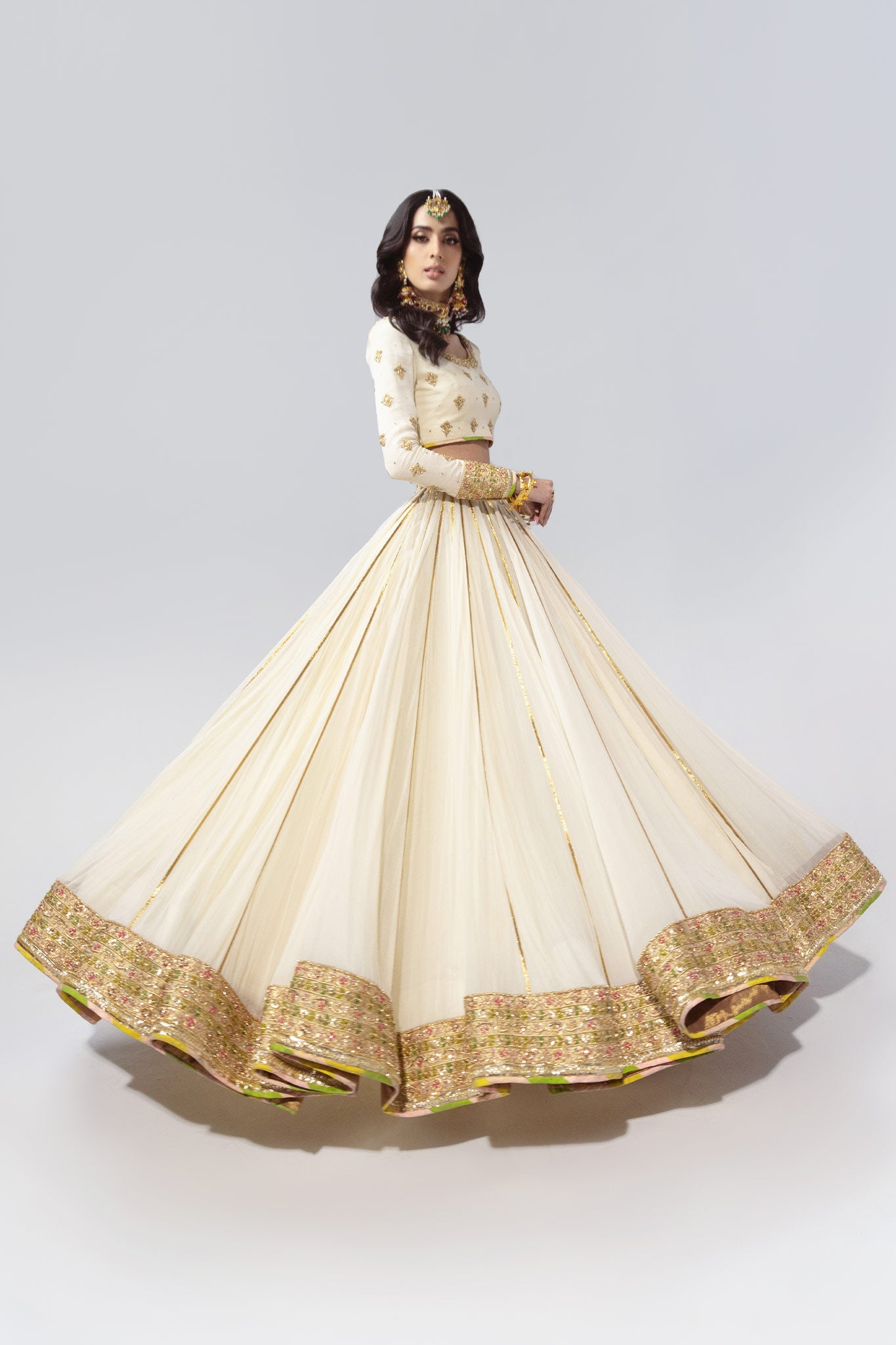 Pakistani Ivory Zardozi Pure Chiffon & Jacquard Lehenga (3-Piece) - Image 8