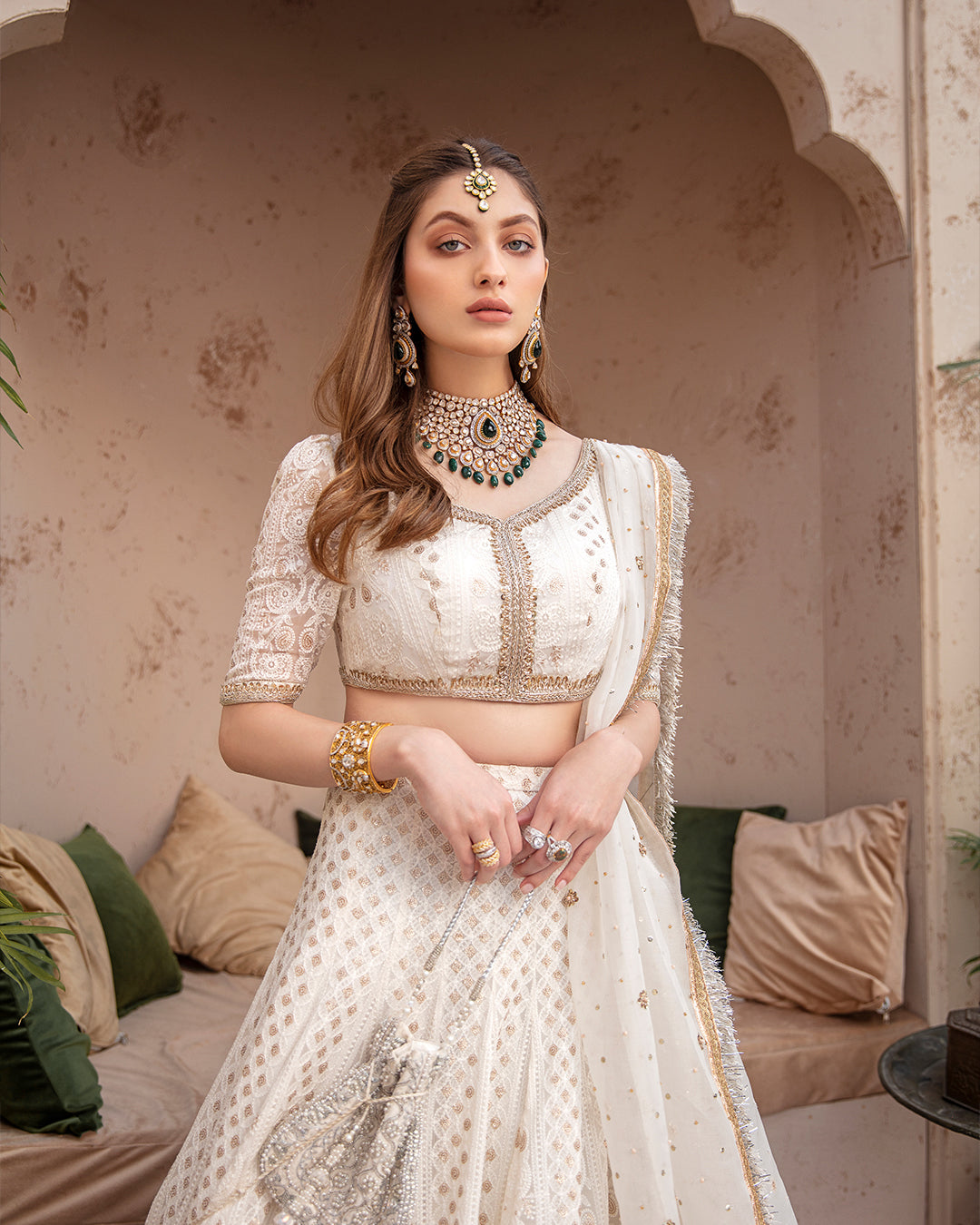 Pakistani Off-White Chikankari Chiffon Lehenga Choli (3-Piece) - Image 4