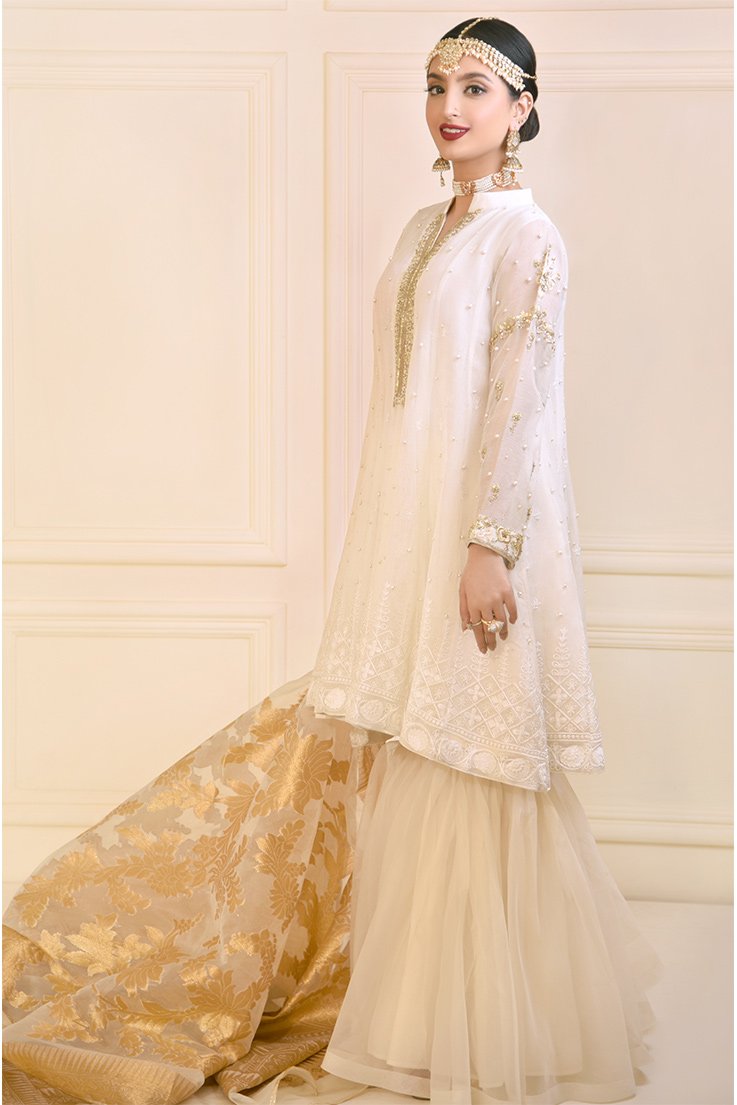 Ivory Zardosi Embroidered Cotton Net Lehenga (3-Piece) - Image 1