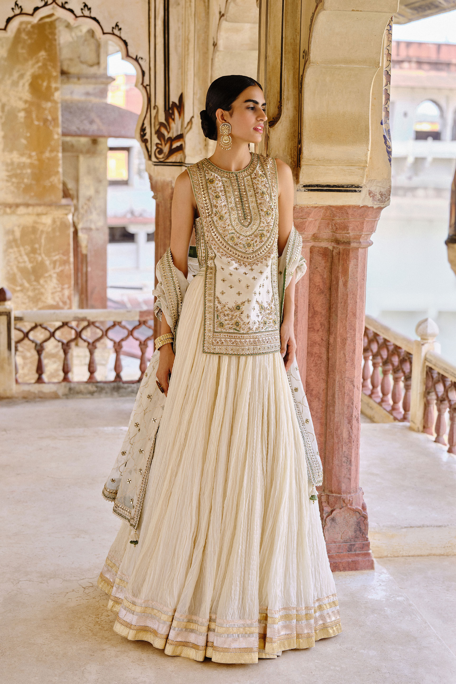 Ivory Gota Patti Cotton-Silk Lehenga Set (3-Piece) - Image 1
