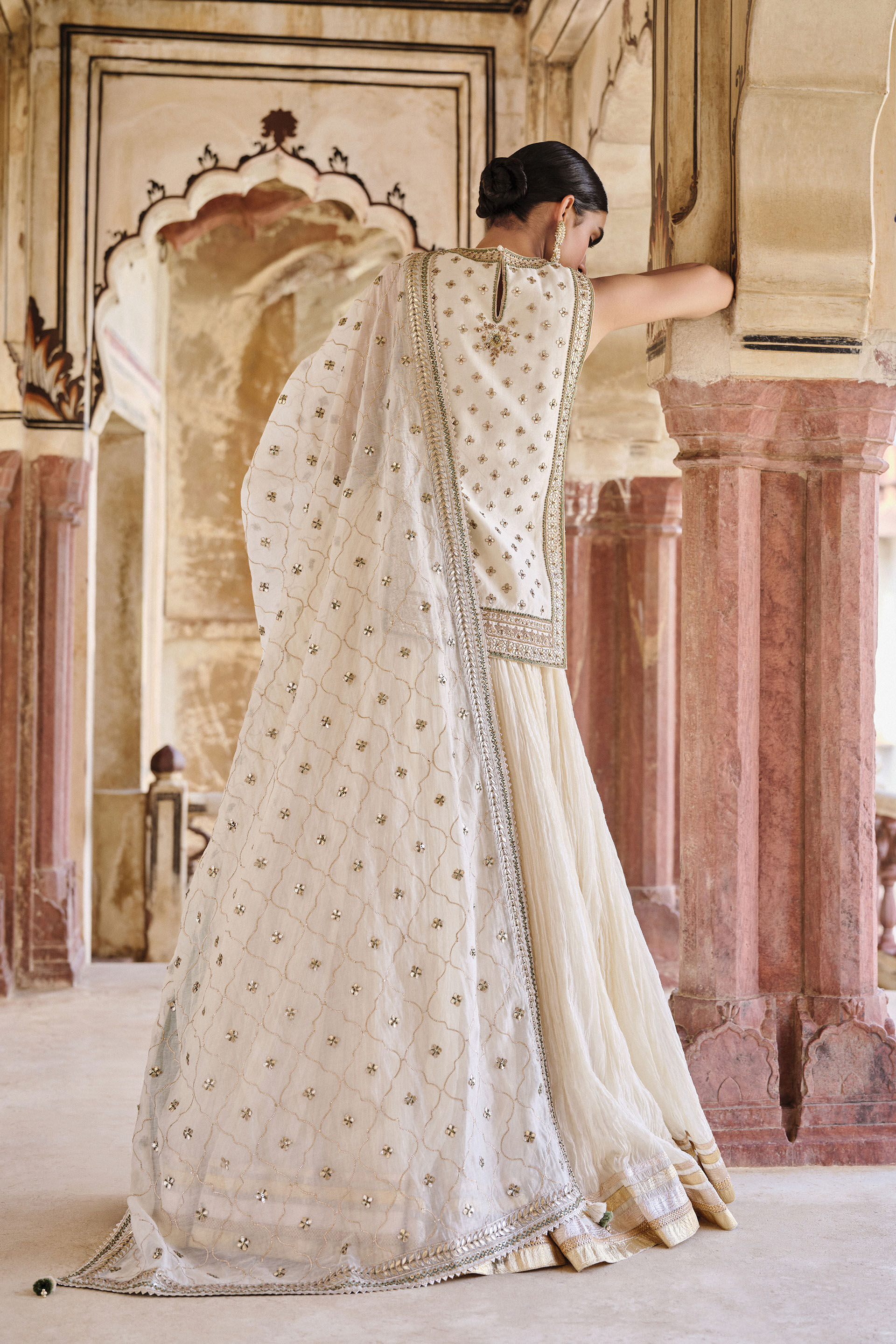 Ivory Gota Patti Cotton-Silk Lehenga Set (3-Piece) - Image 2