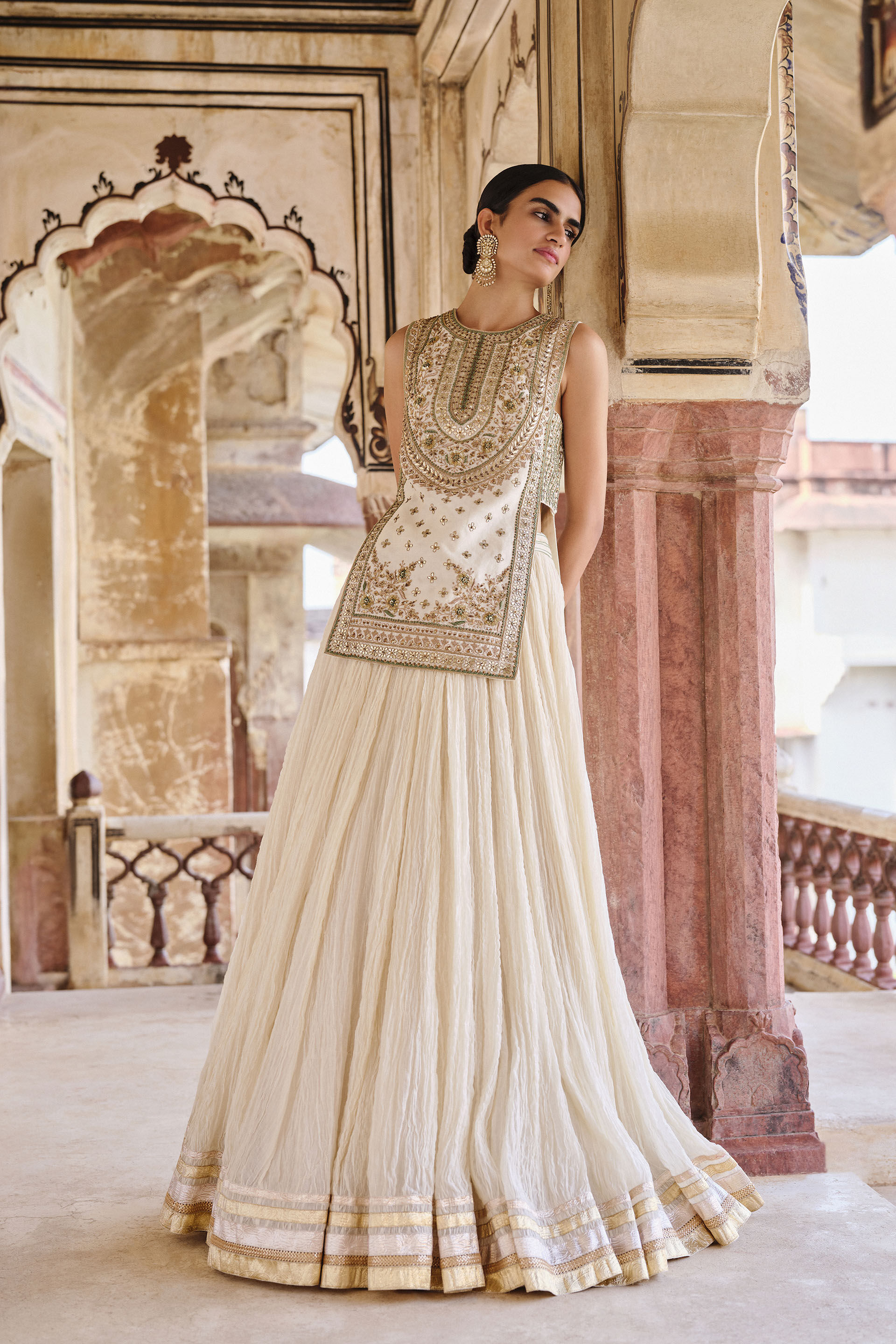 Ivory Gota Patti Cotton-Silk Lehenga Set (3-Piece) - Image 3