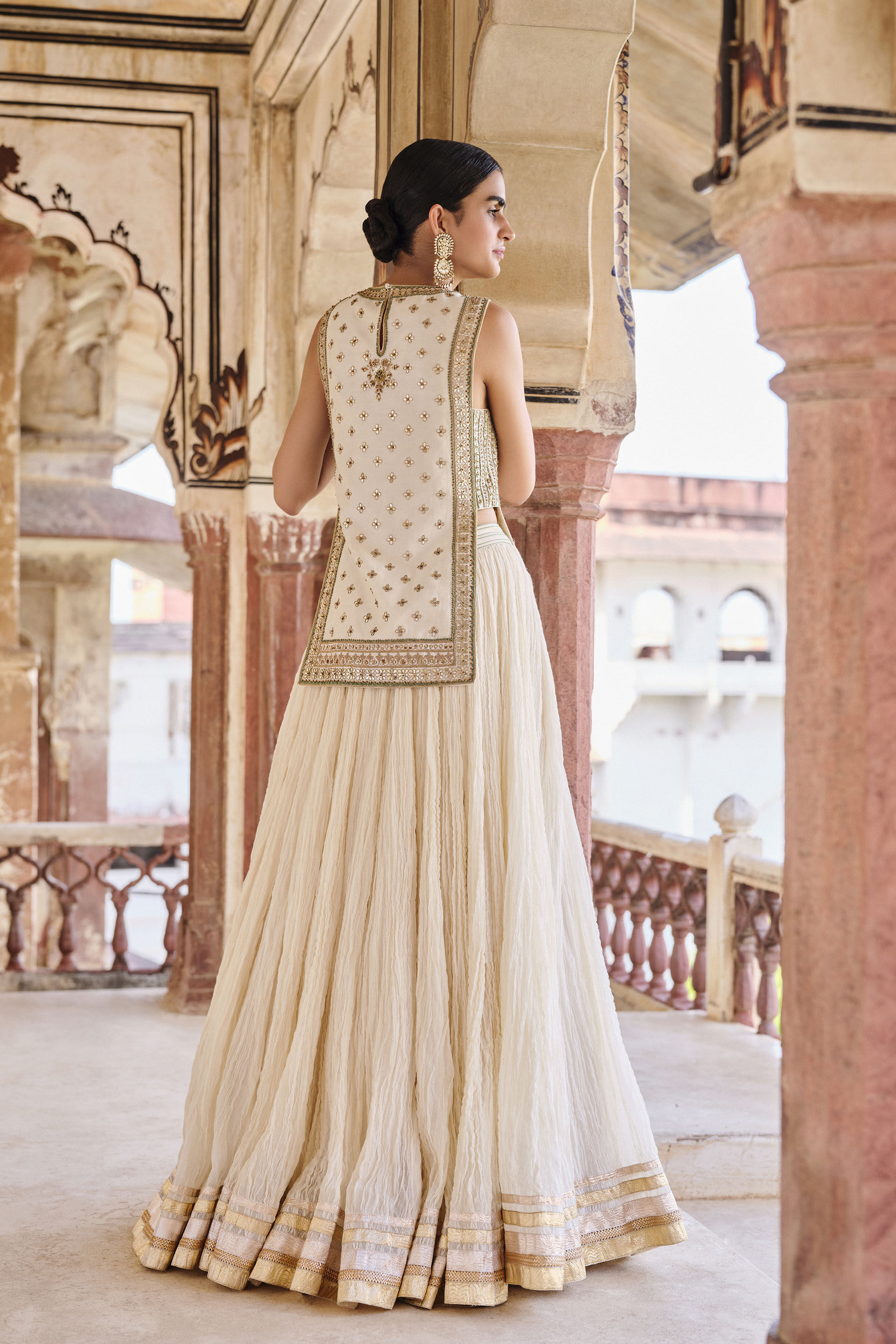 Ivory Gota Patti Cotton-Silk Lehenga Set (3-Piece) - Image 4