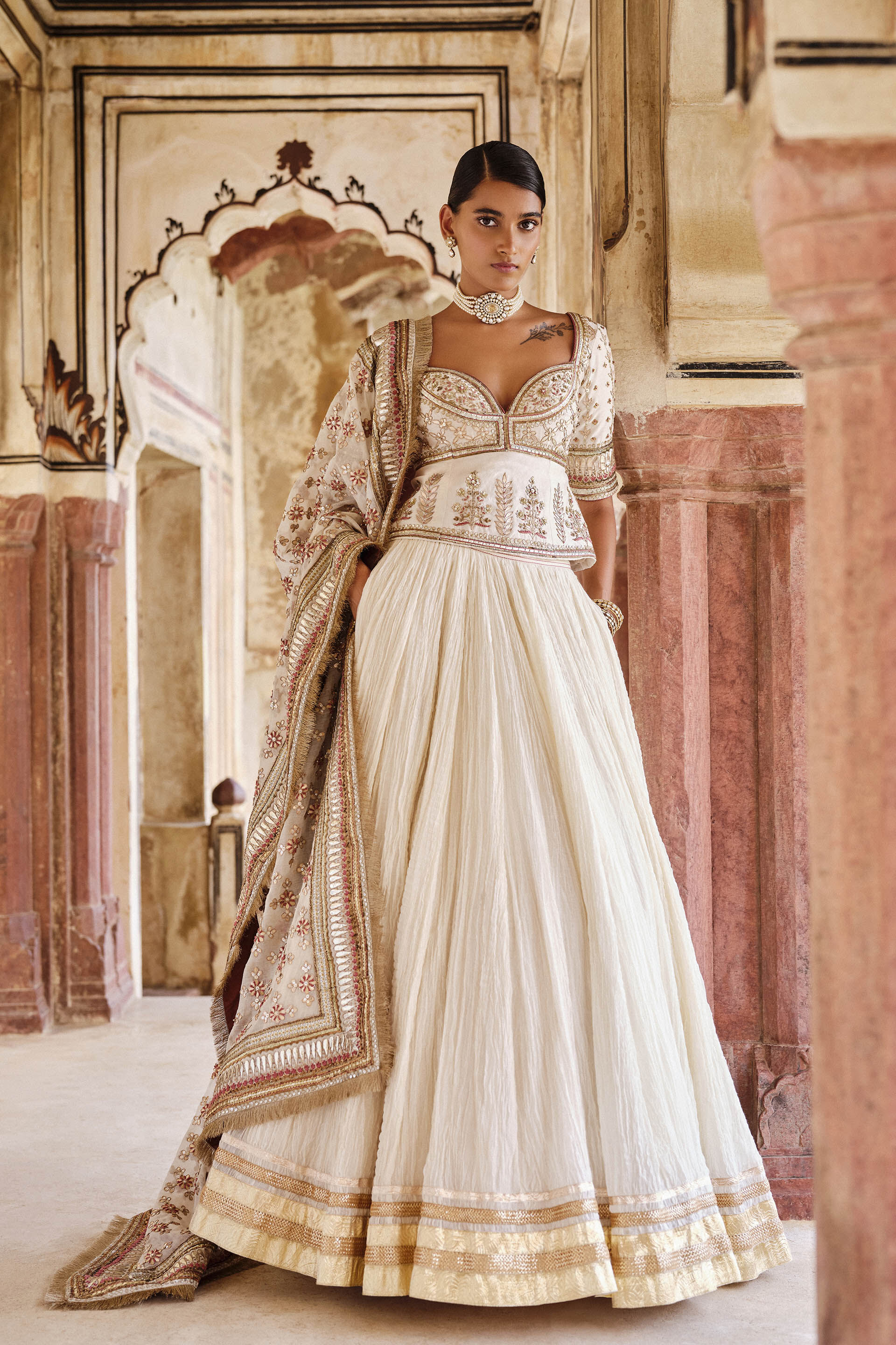 Indian Ivory Gota Patti Cotton-Silk Lehenga (3-Piece) - Image 1