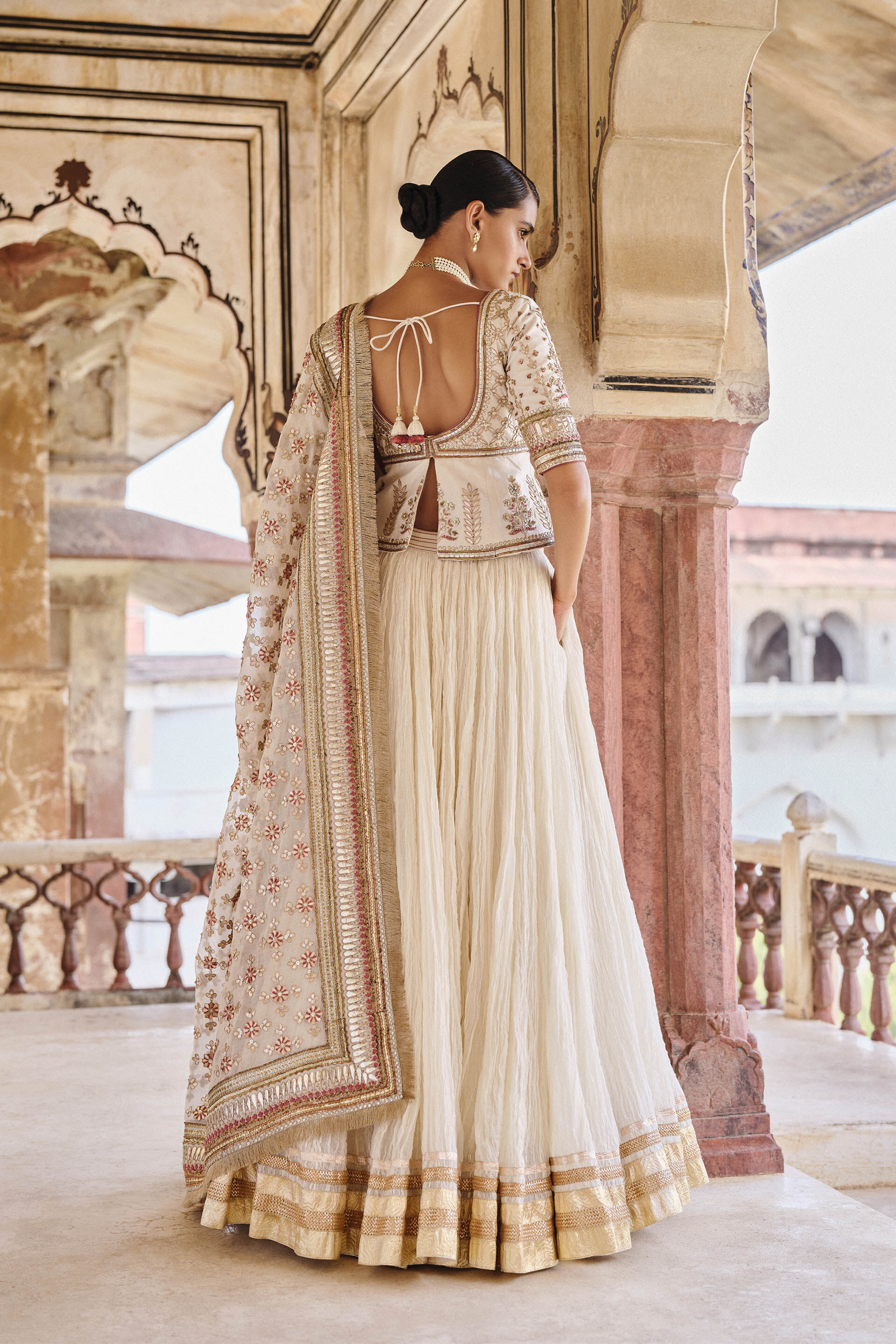 Indian Ivory Gota Patti Cotton-Silk Lehenga (3-Piece) - Image 2