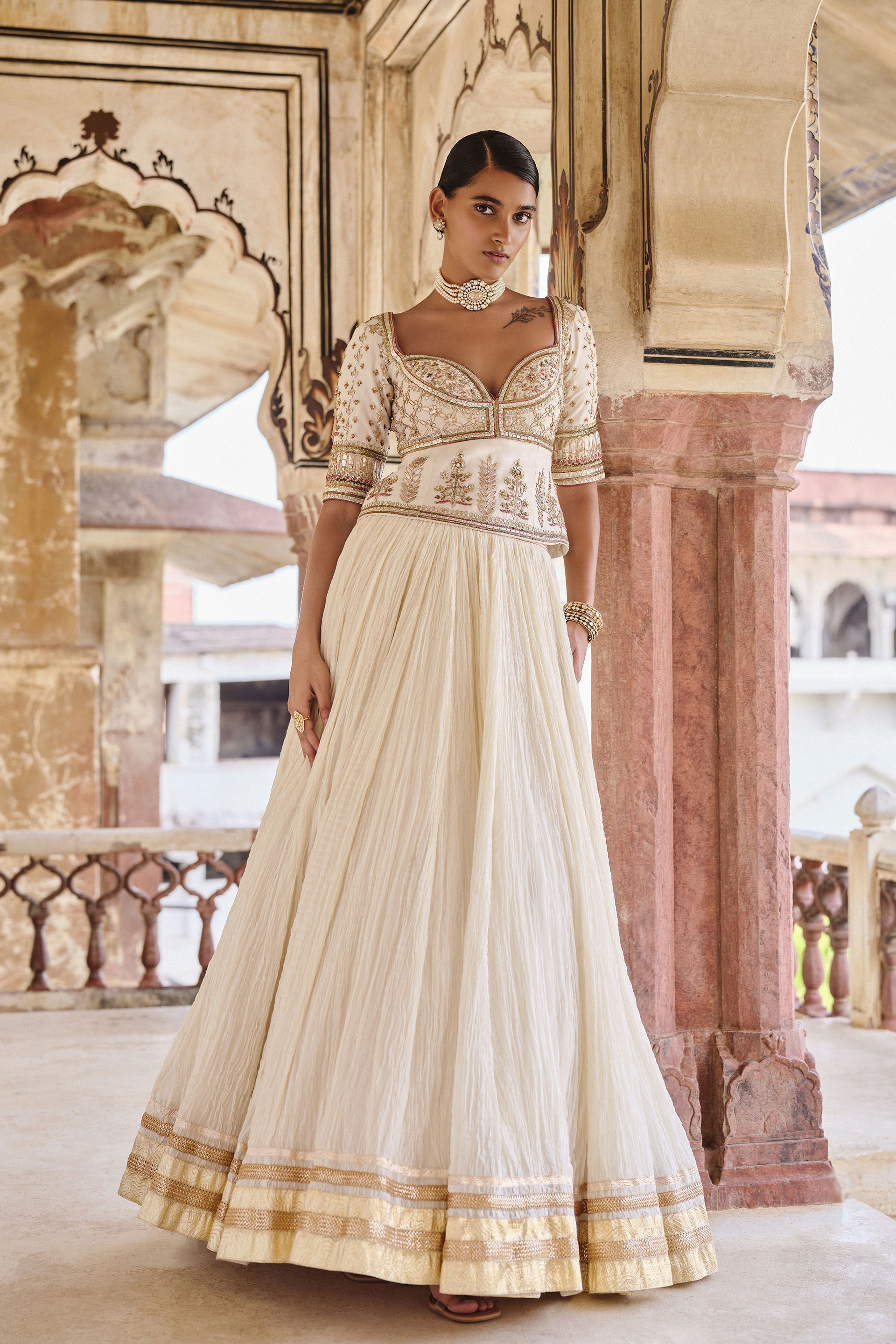 Indian Ivory Gota Patti Cotton-Silk Lehenga (3-Piece) - Image 3