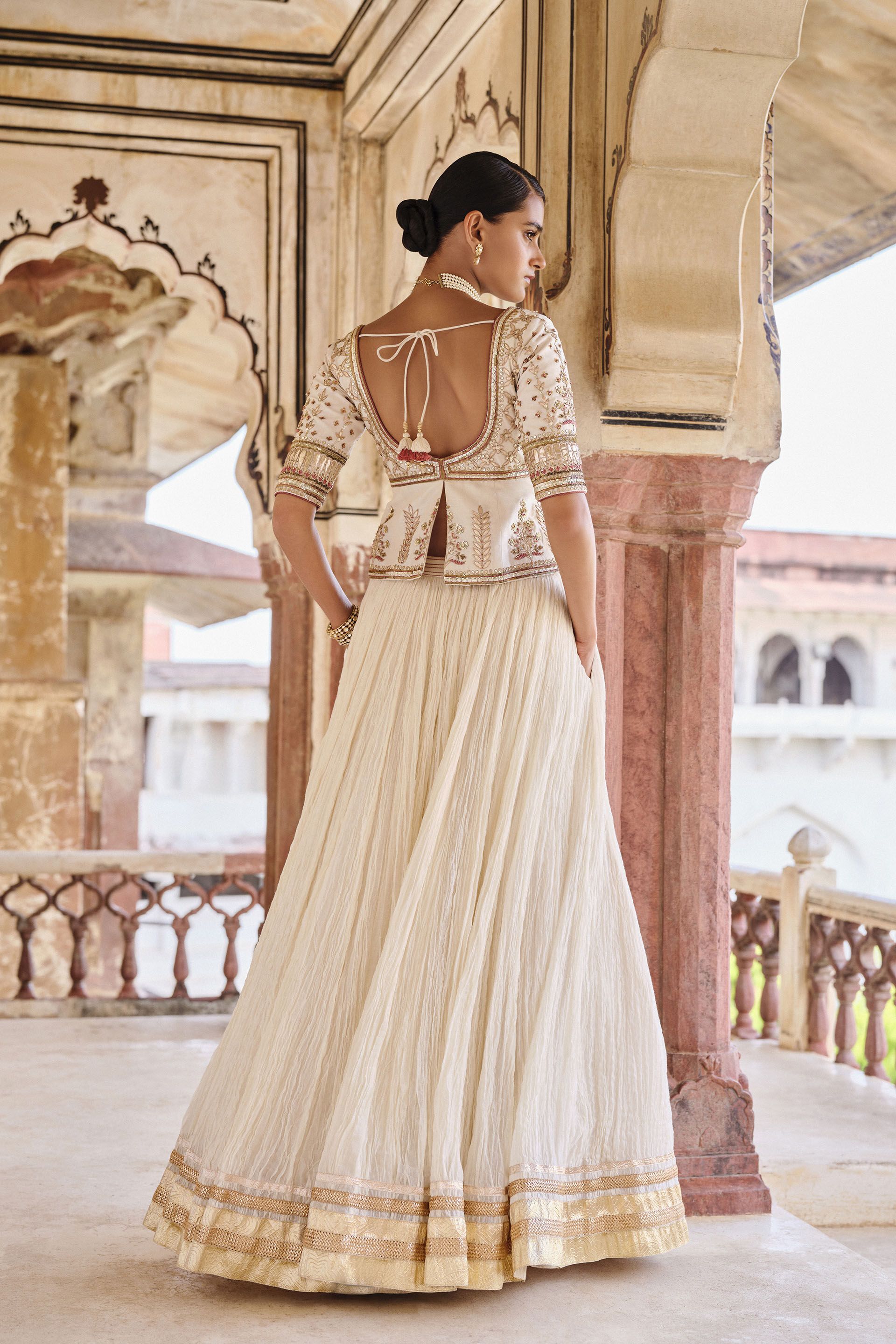 Indian Ivory Gota Patti Cotton-Silk Lehenga (3-Piece) - Image 4