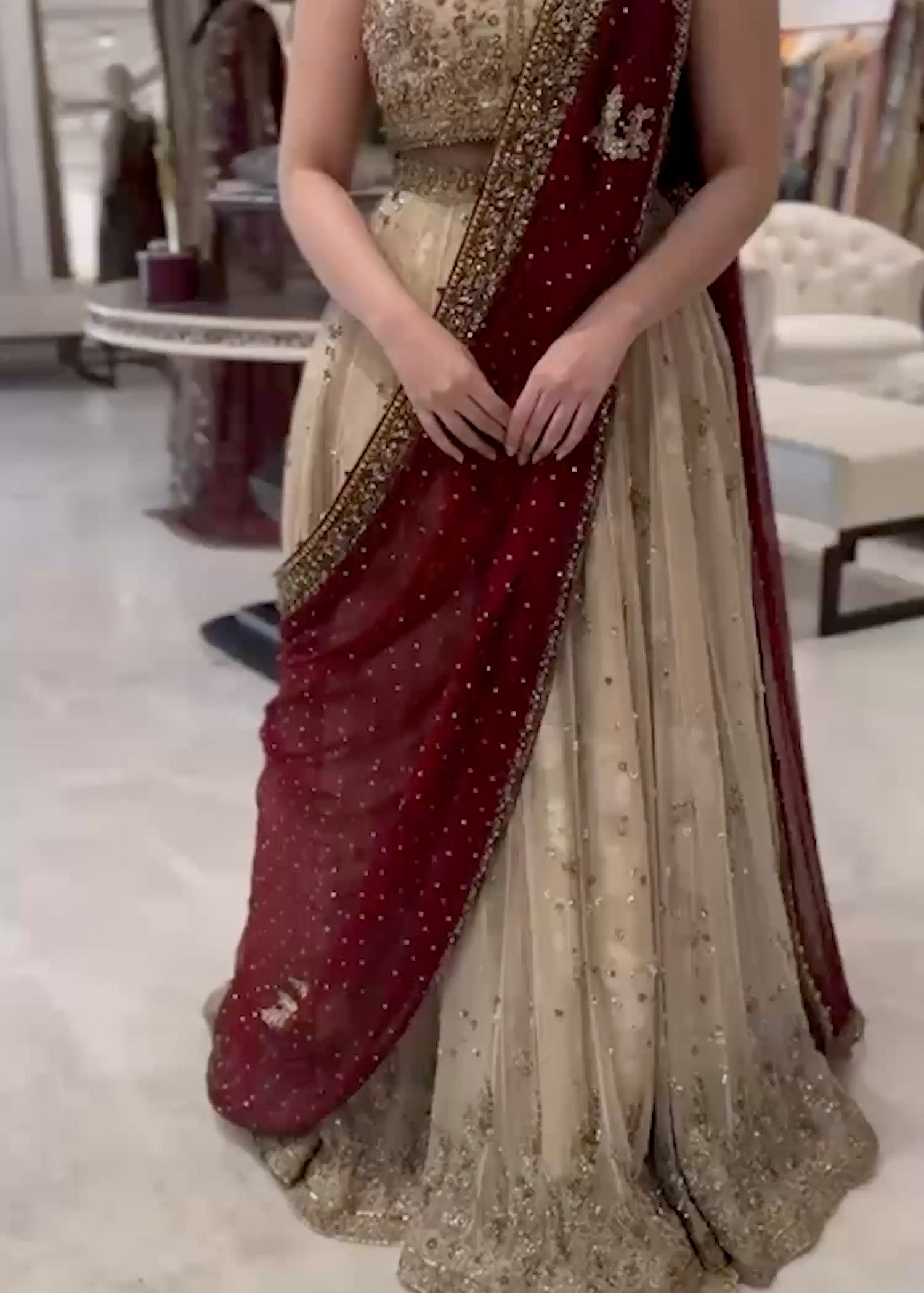 Pakistani Ivory Embroidered Cotton Silk Net & Chiffon Lehenga (3-Piece) - Image 1