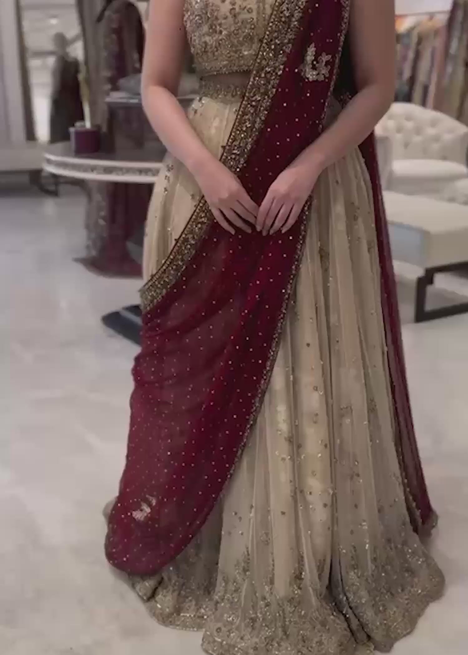 Pakistani Ivory Embroidered Cotton Silk Net & Chiffon Lehenga (3-Piece) - Image 2