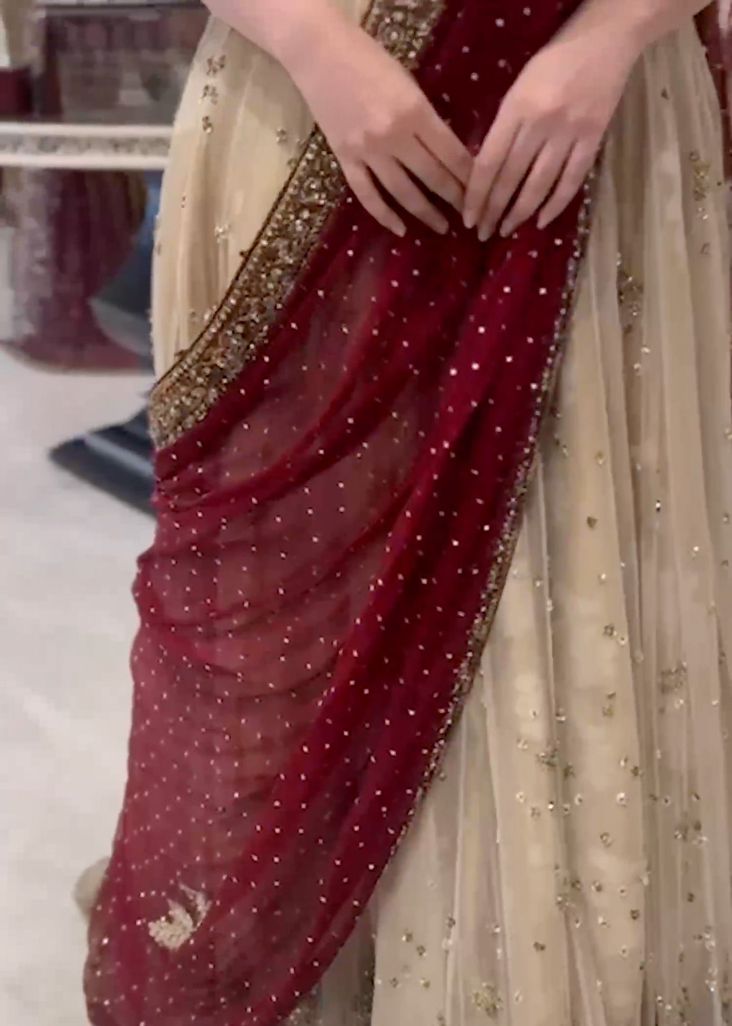 Pakistani Ivory Embroidered Cotton Silk Net & Chiffon Lehenga (3-Piece) - Image 4