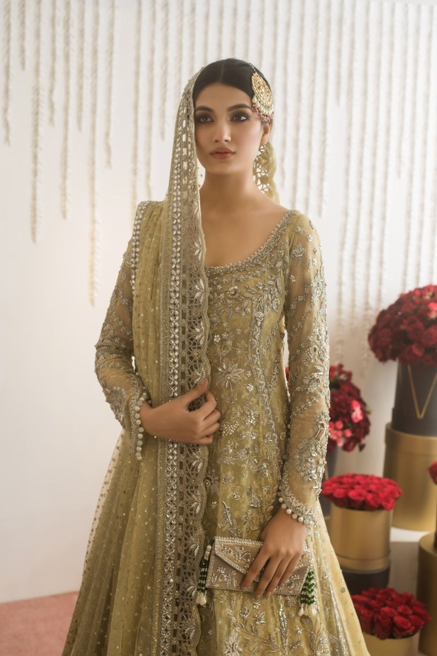 Pakistani Buttermilk Embroidered French Net Kameez with Brocade Lehenga (3-Piece) - Image 1