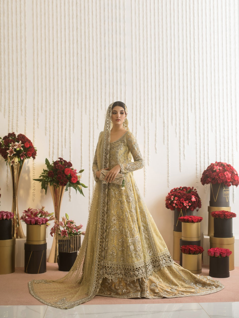 Pakistani Buttermilk Embroidered French Net Kameez with Brocade Lehenga (3-Piece) - Image 2