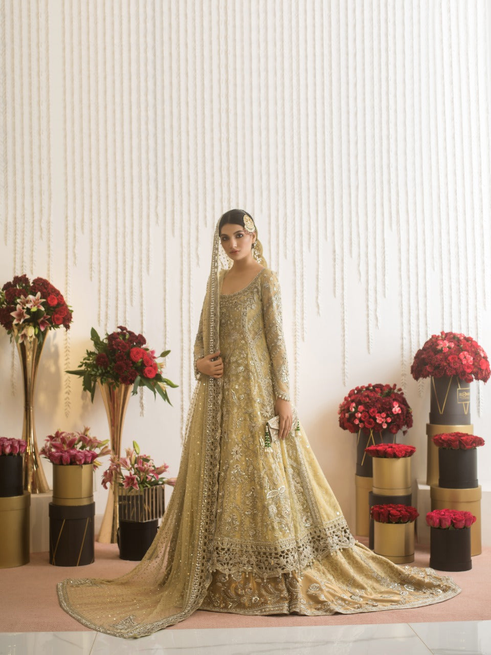 Pakistani Buttermilk Embroidered French Net Kameez with Brocade Lehenga (3-Piece) - Image 3