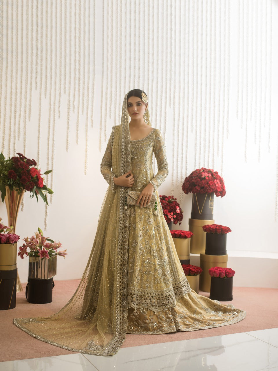 Pakistani Buttermilk Embroidered French Net Kameez with Brocade Lehenga (3-Piece) - Image 5