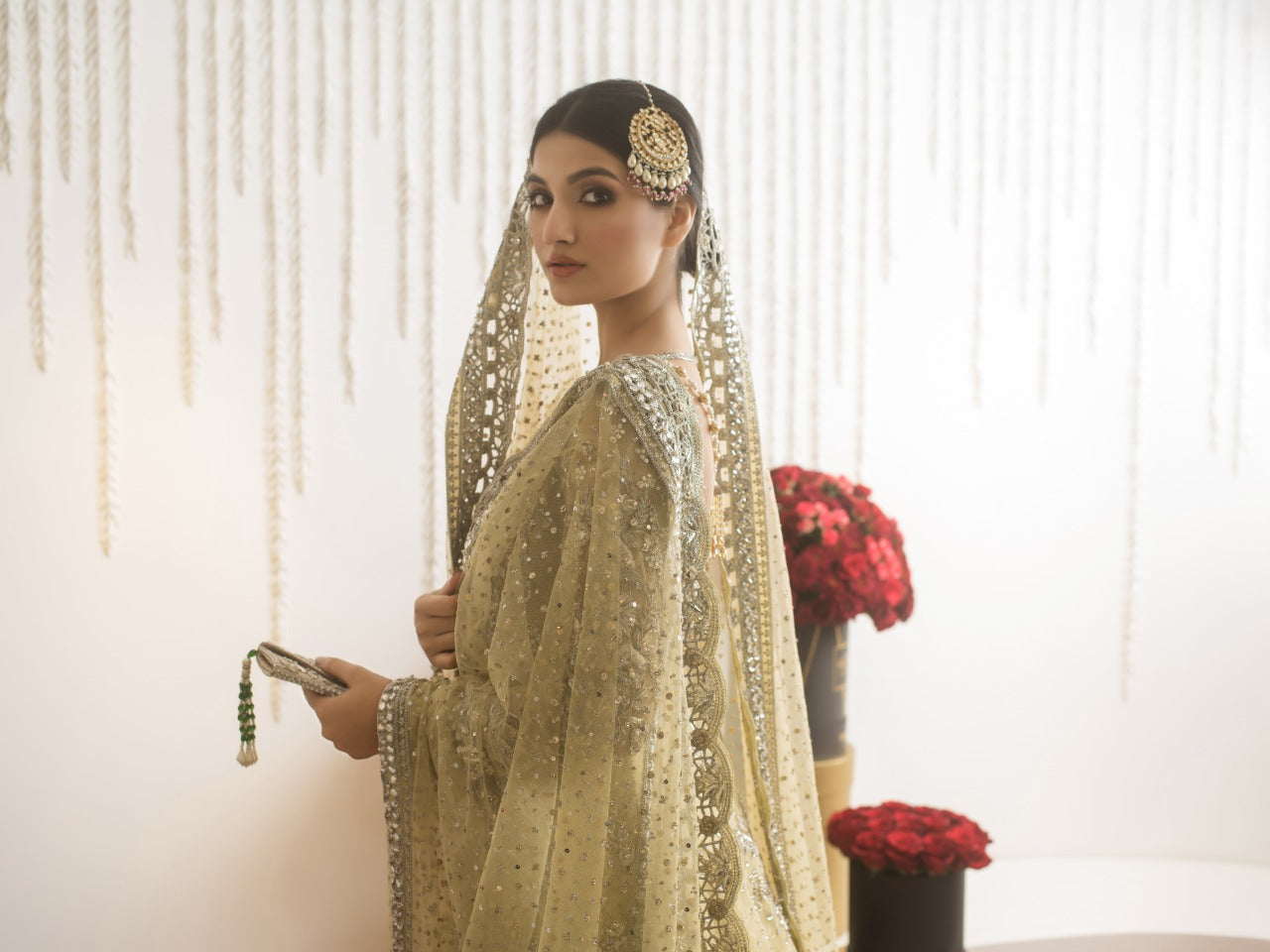 Pakistani Buttermilk Embroidered French Net Kameez with Brocade Lehenga (3-Piece) - Image 6