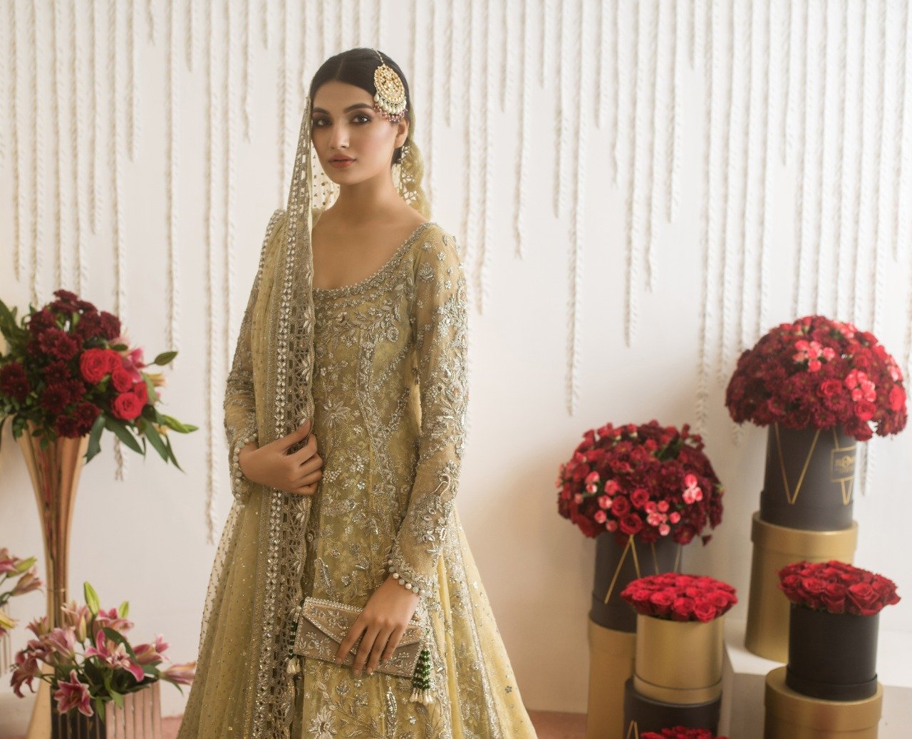 Pakistani Buttermilk Embroidered French Net Kameez with Brocade Lehenga (3-Piece) - Image 7