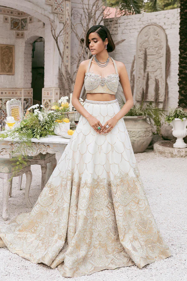 Ivory Pearl Embellished French Tulle Farshi Lehenga (3-Piece) - Image 1