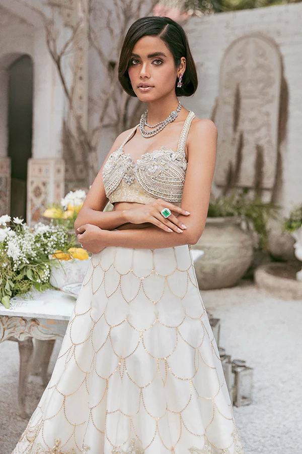 Ivory Pearl Embellished French Tulle Farshi Lehenga (3-Piece) - Image 2