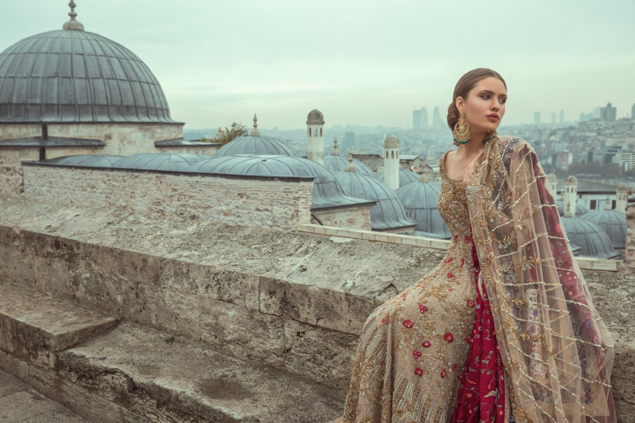 Pakistani Bone Zardozi Indian Net Bridal Lehenga (3-Piece) - Image 2