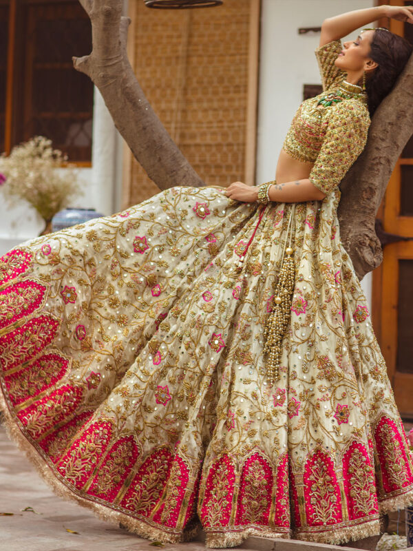 Ivory Zardozi & Mirror Work Tissue Lehenga (3-Piece) - Image 1