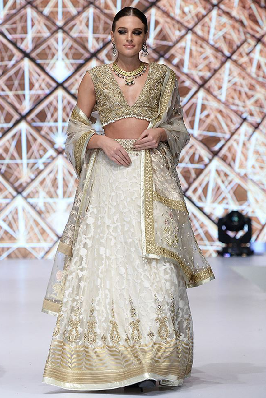 Ivory Gold Embroidered Lame & Organza Lehenga (3-Piece) - Image 1