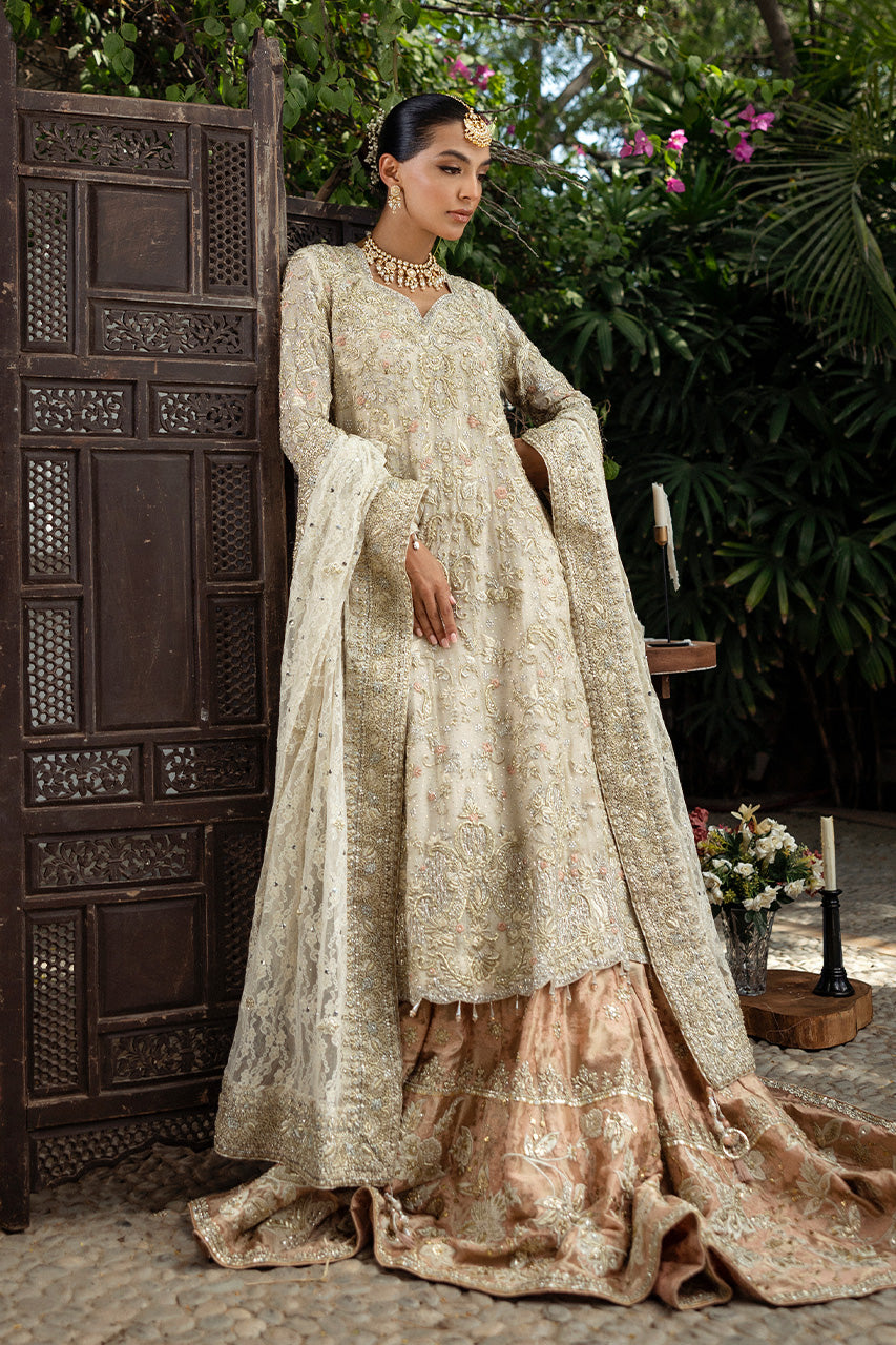 Pakistani Ivory Hand-Embroidered Silk Net Lehenga (3-Piece) - Image 1