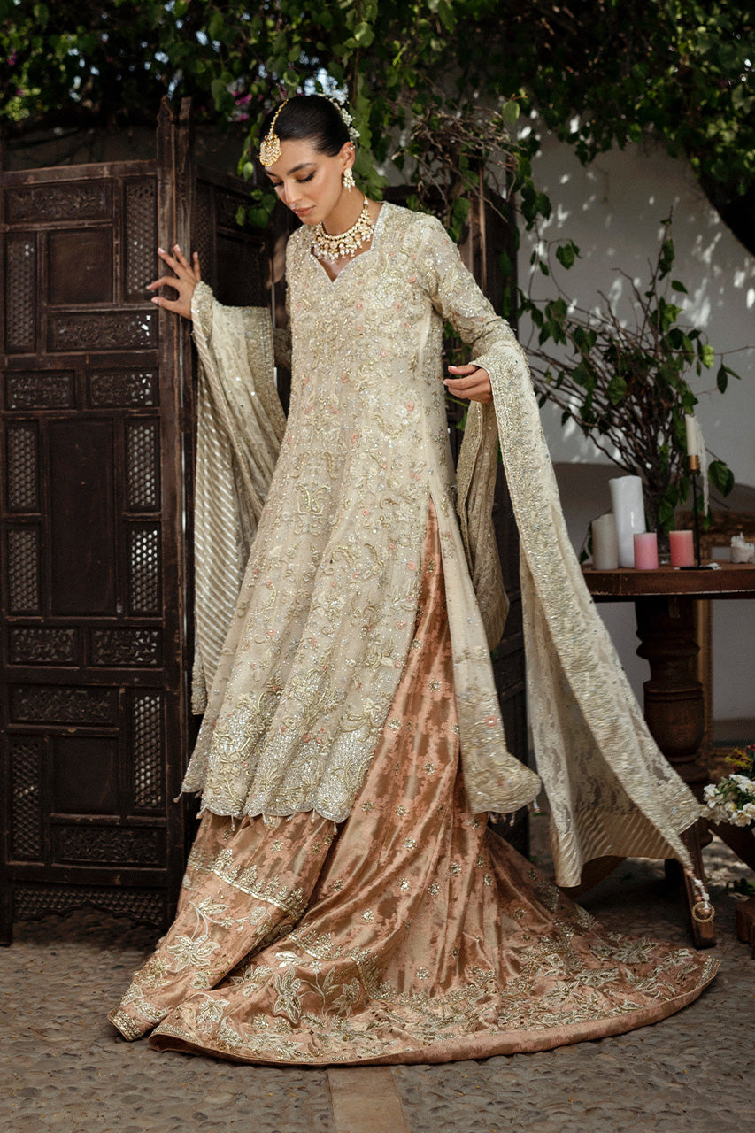 Pakistani Ivory Hand-Embroidered Silk Net Lehenga (3-Piece) - Image 2