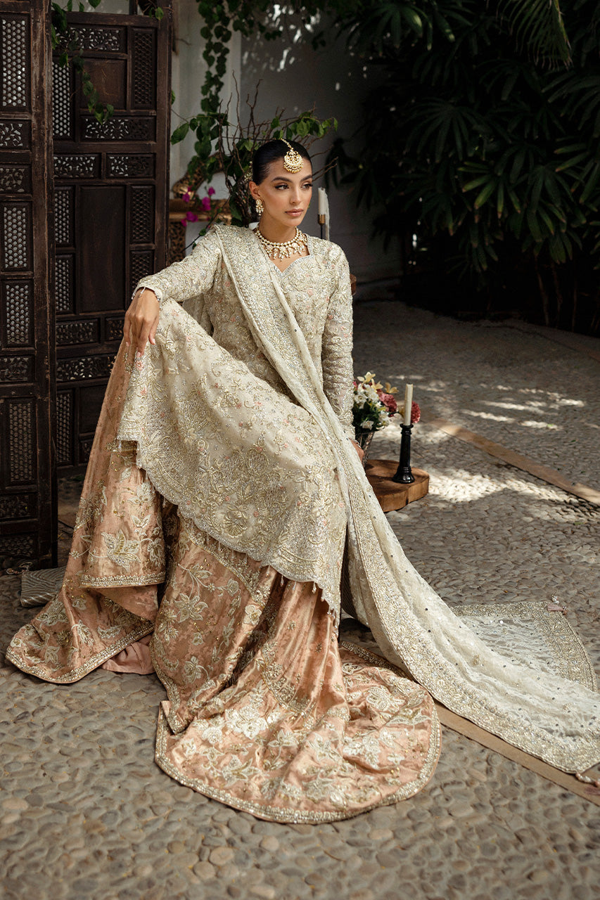 Pakistani Ivory Hand-Embroidered Silk Net Lehenga (3-Piece) - Image 6