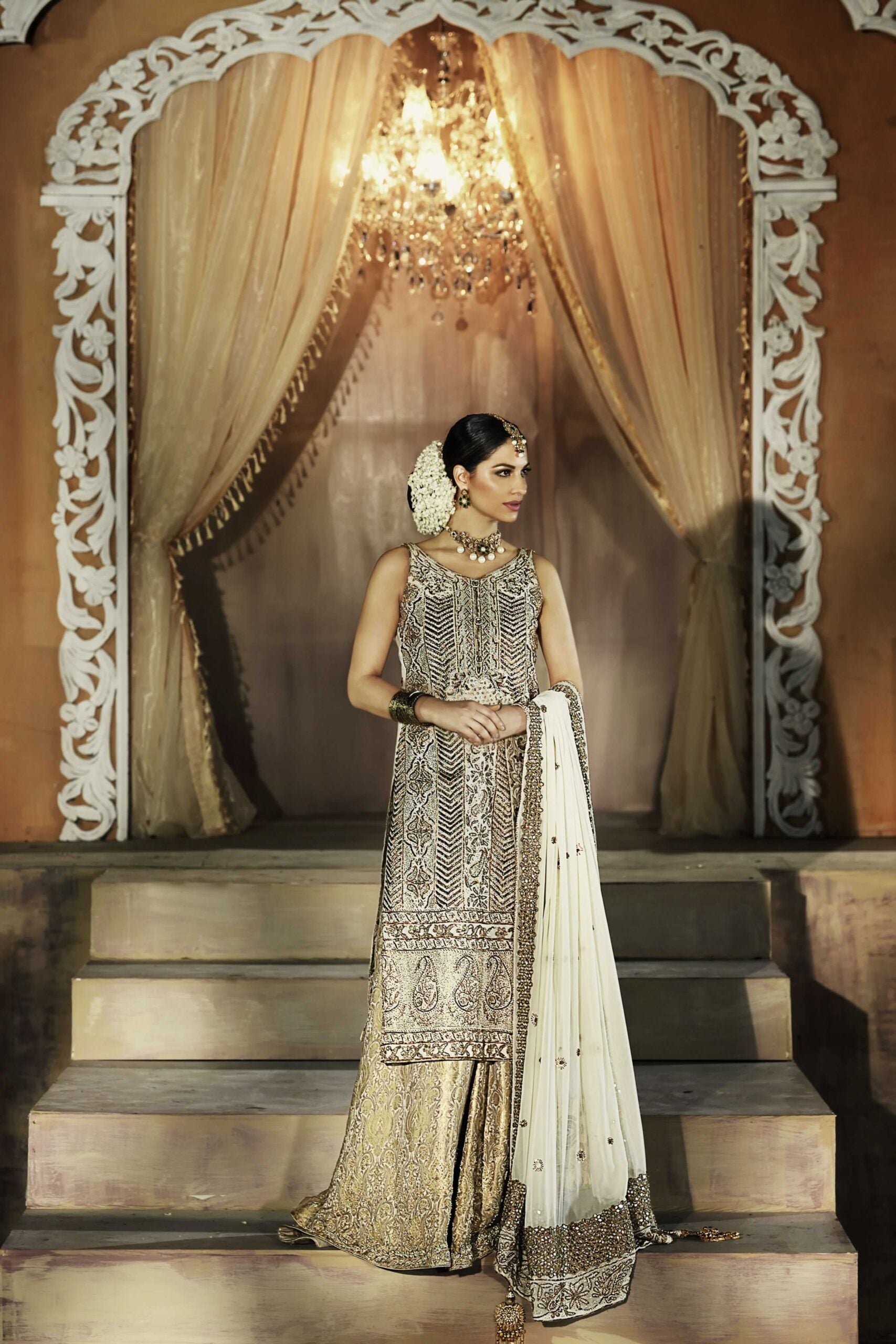 Pakistani Off-White Chikankari Chiffon Shirt with Jamawar Lehenga (3-Piece) - Image 2