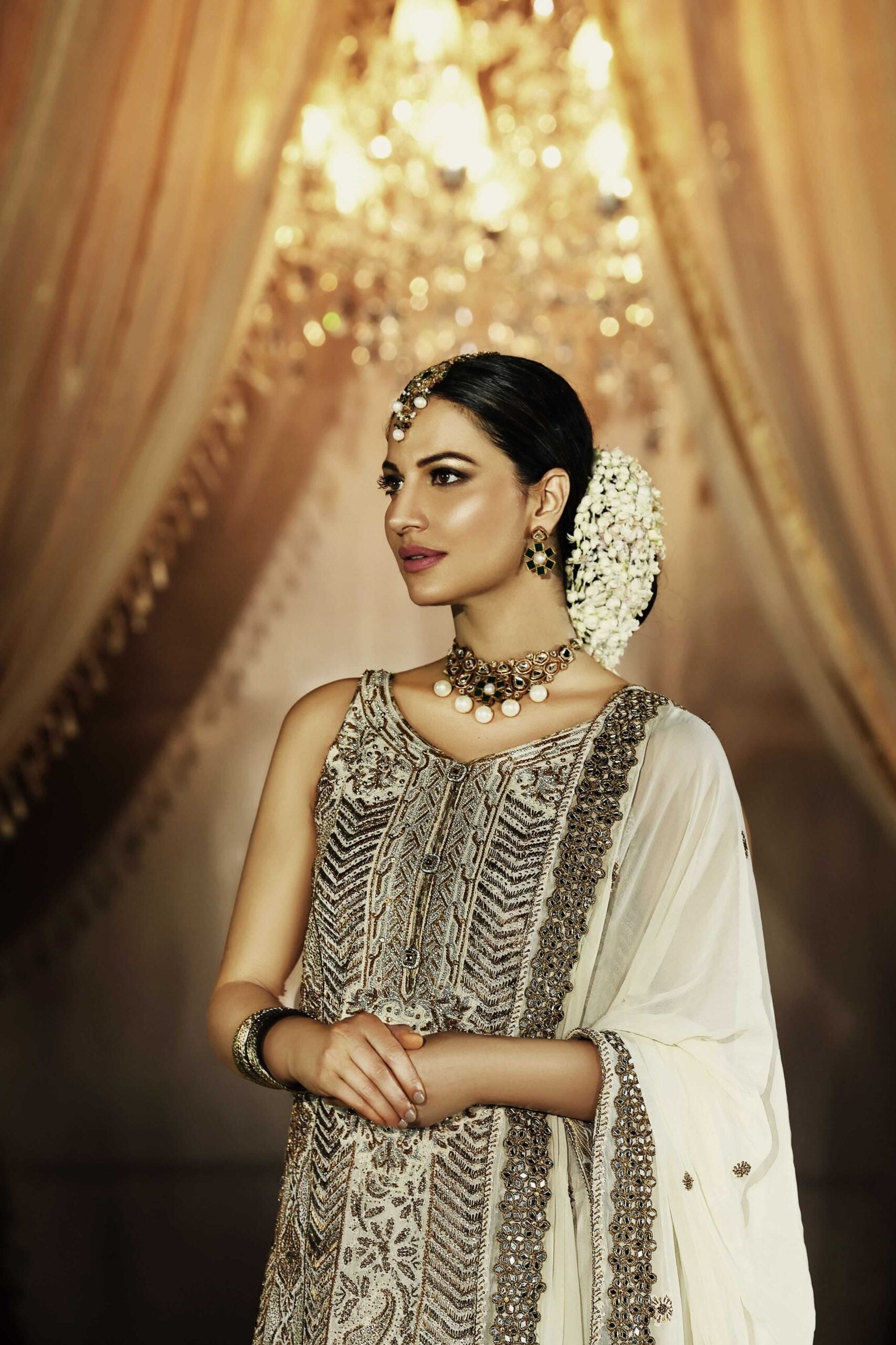 Pakistani Off-White Chikankari Chiffon Shirt with Jamawar Lehenga (3-Piece) - Image 3