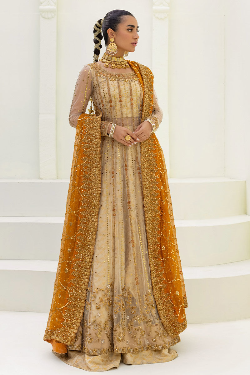 Pakistani Ivory & Rust Embellished Net Kalidar Lehenga (3-Piece) - Image 1
