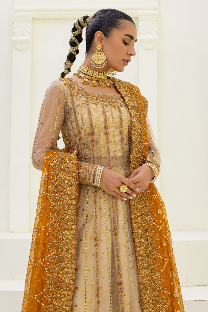 Pakistani Ivory & Rust Embellished Net Kalidar Lehenga (3-Piece) - Image 2