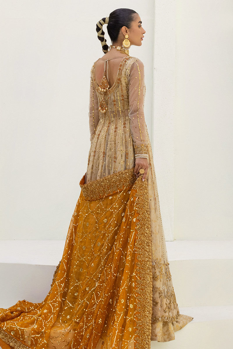 Pakistani Ivory & Rust Embellished Net Kalidar Lehenga (3-Piece) - Image 3