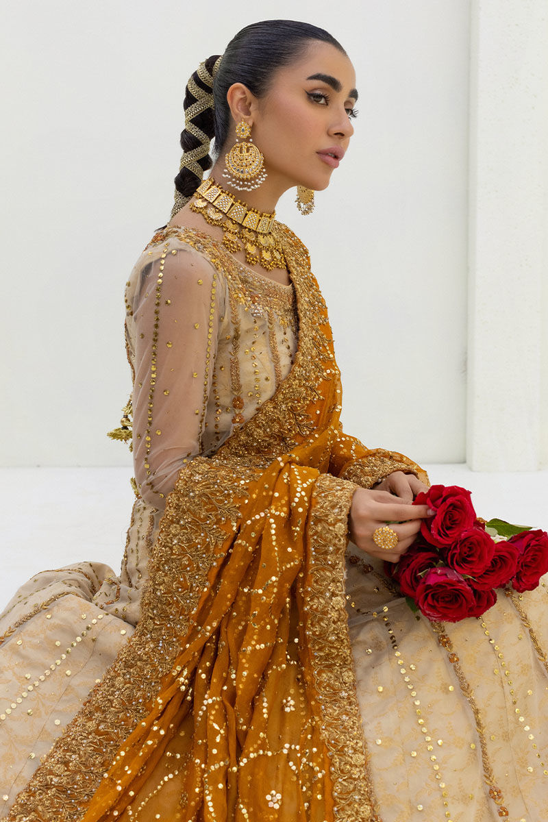 Pakistani Ivory & Rust Embellished Net Kalidar Lehenga (3-Piece) - Image 6
