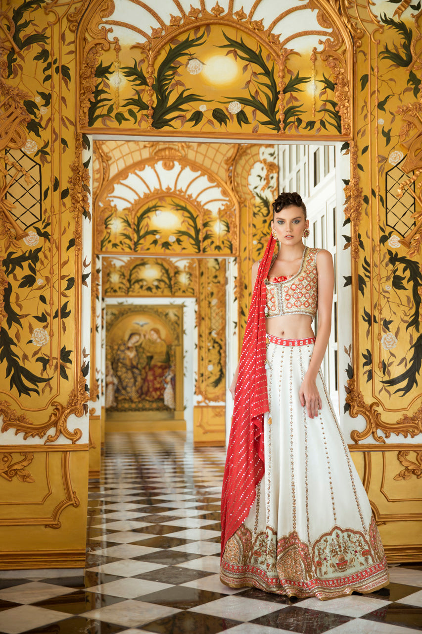 Pakistani Ivory Zardozi Jamawar Lehenga Set (3-Piece) - Image 1