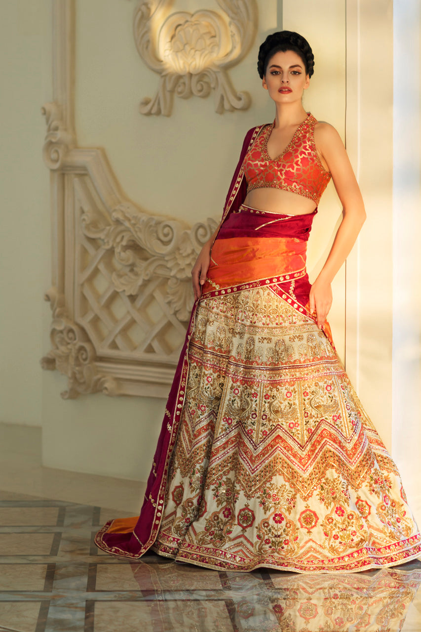 Ivory Zardozi Jamawar Bridal Lehenga (3-Piece) - Image 1